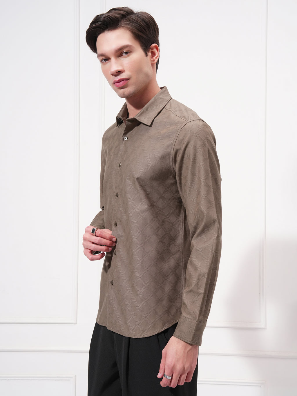 Highlander Men Brown Self Design Slim Fit Casual Shirt - Brown - Image 4