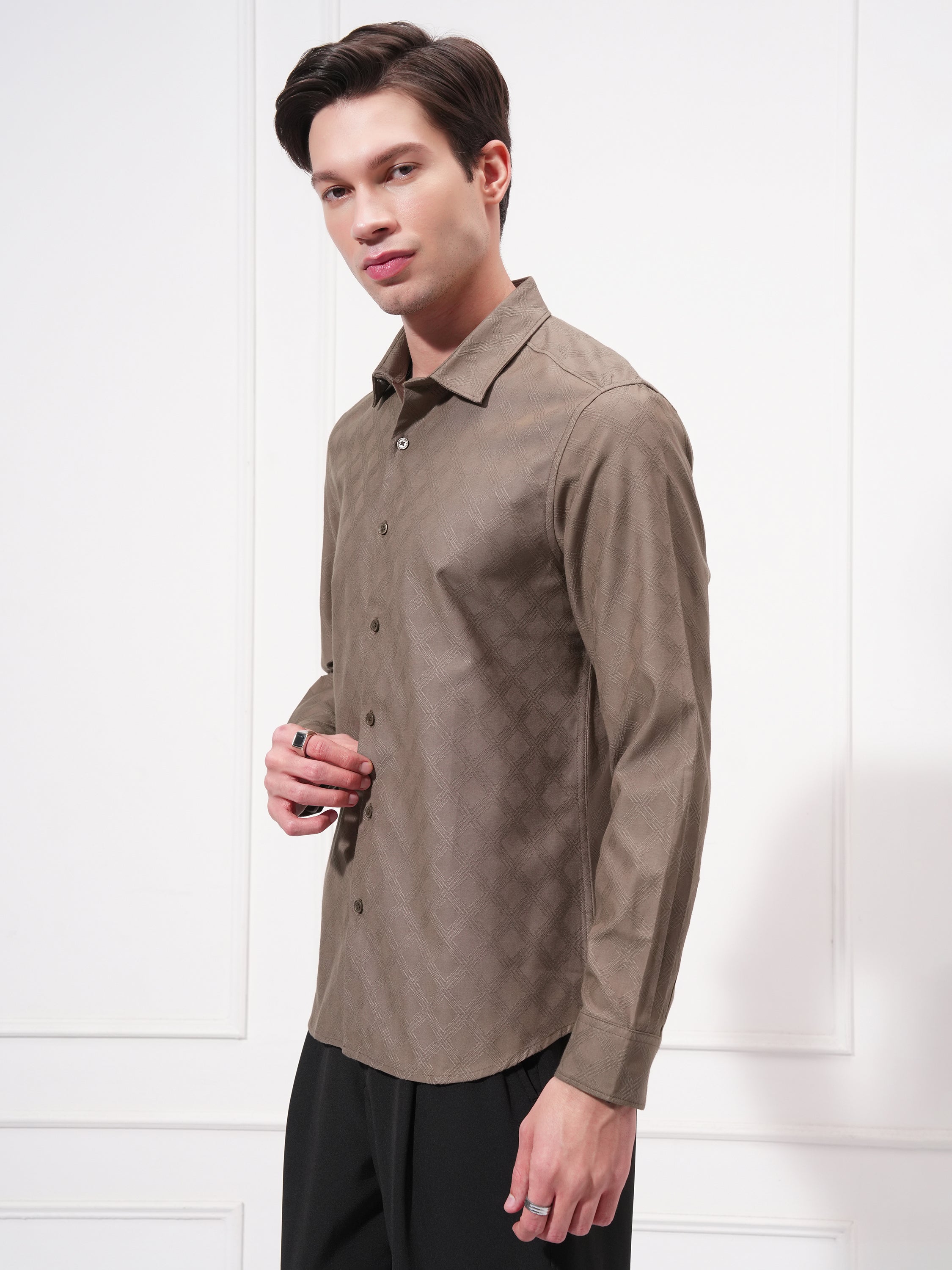 Highlander Men Brown Self Design Slim Fit Casual Shirt - Brown - Image 4