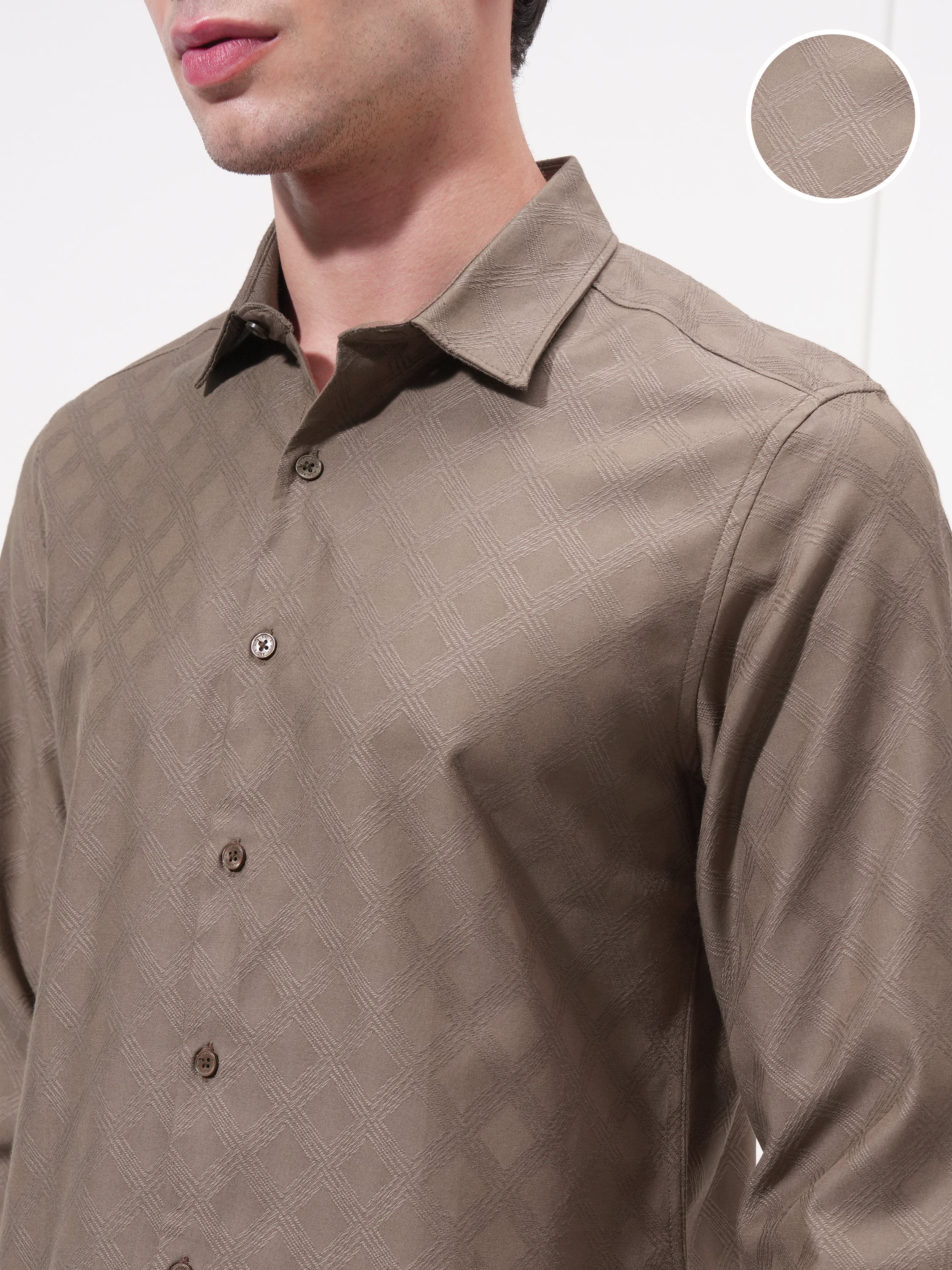 Highlander Men Brown Self Design Slim Fit Casual Shirt - Brown - Image 5