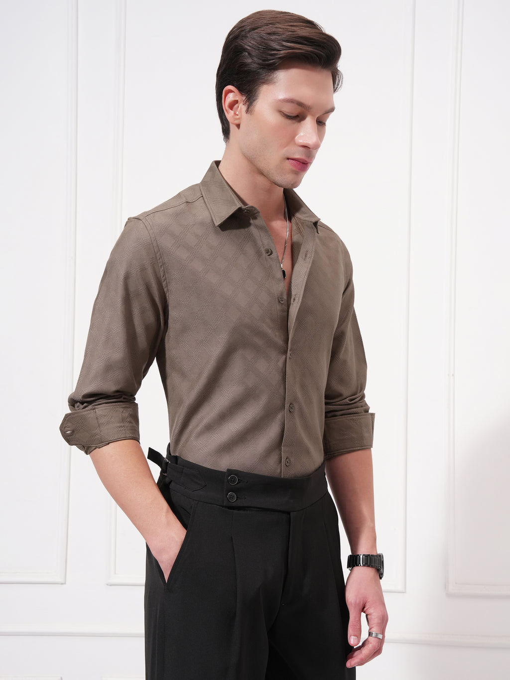 Highlander Men Brown Self Design Slim Fit Casual Shirt - Brown - Image 6