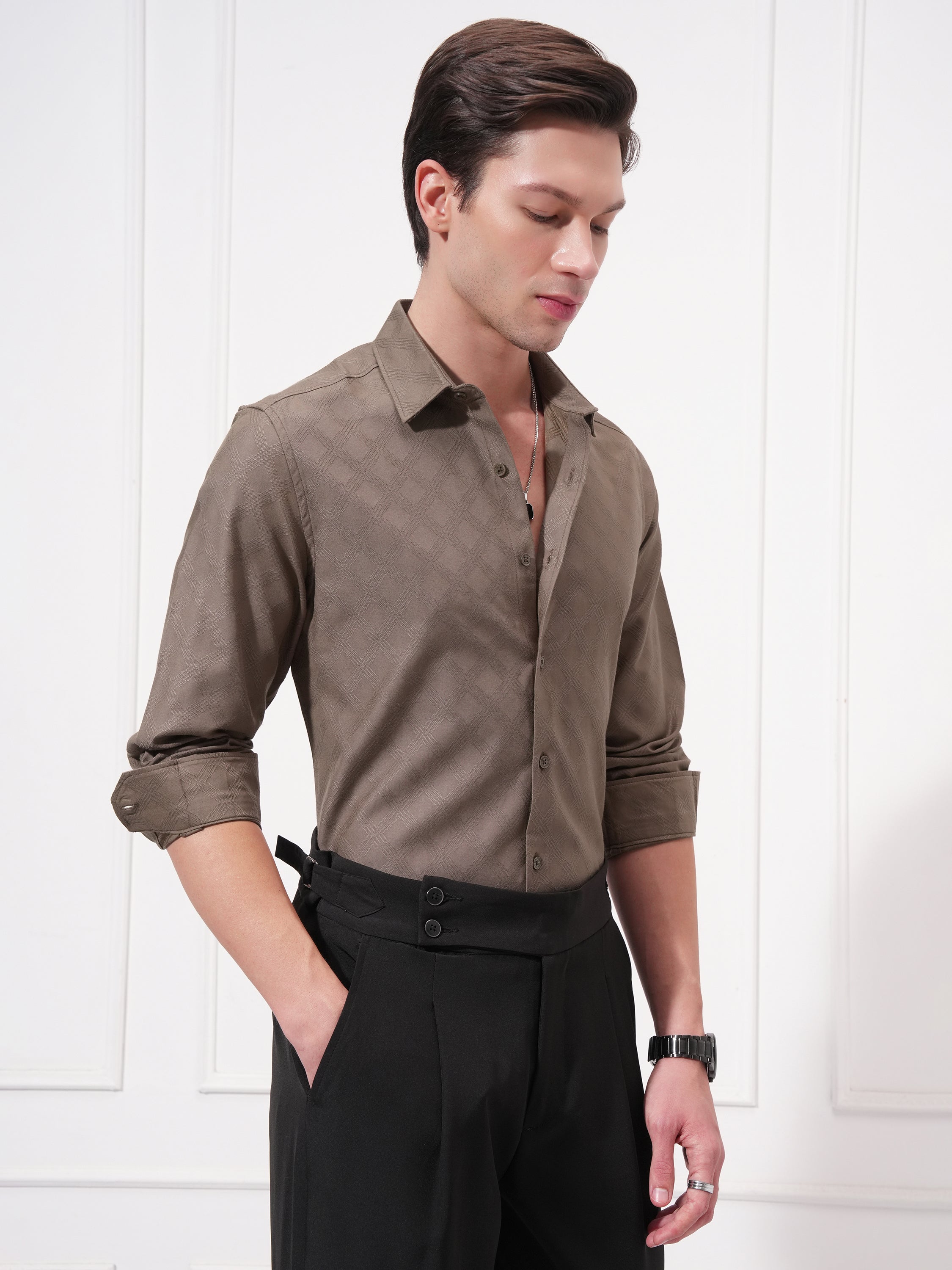 Highlander Men Brown Self Design Slim Fit Casual Shirt - Brown - Image 6