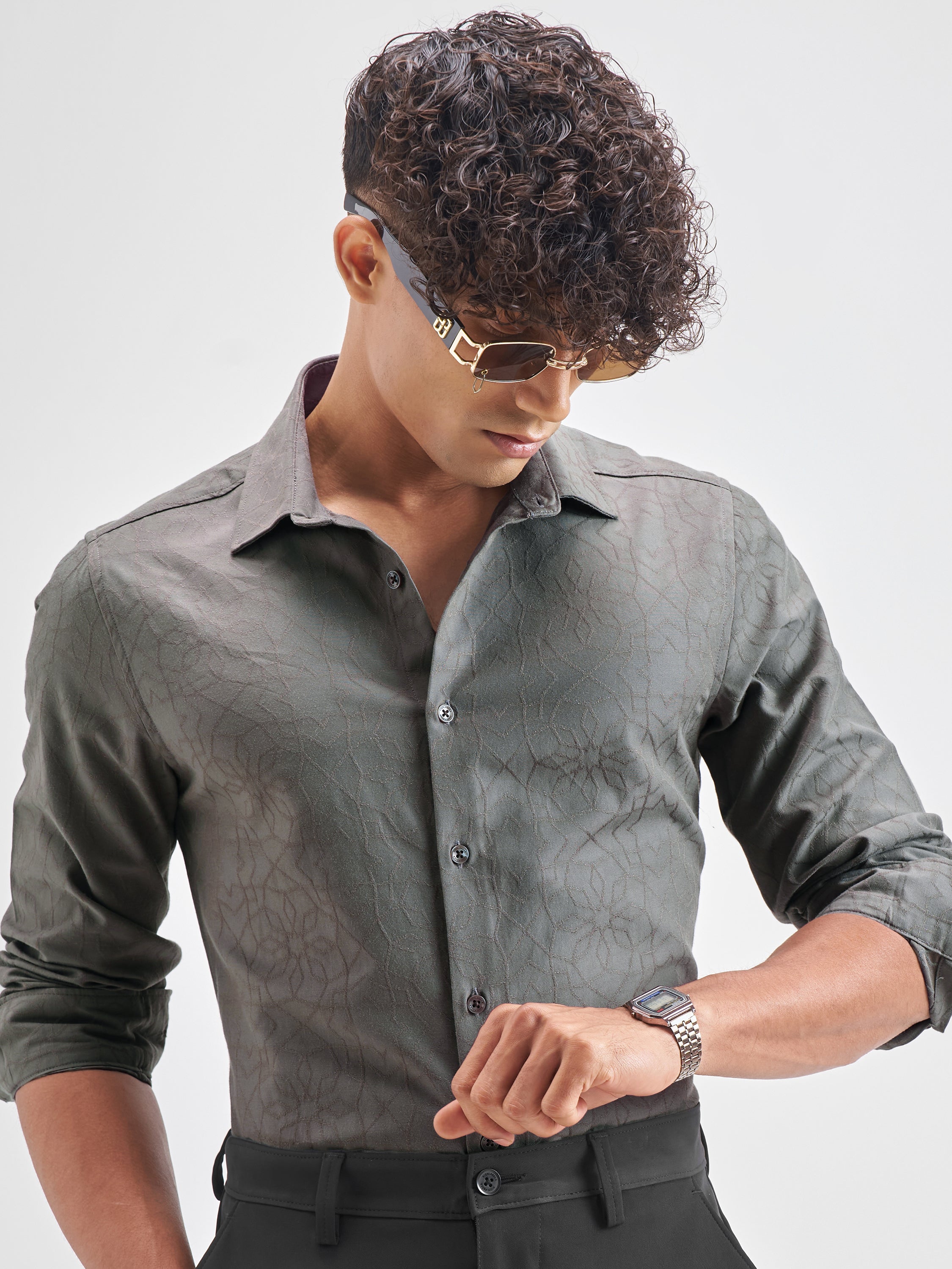 Highlander Men Grey Self Design Slim Fit Casual Shirt - Grey - Image 1