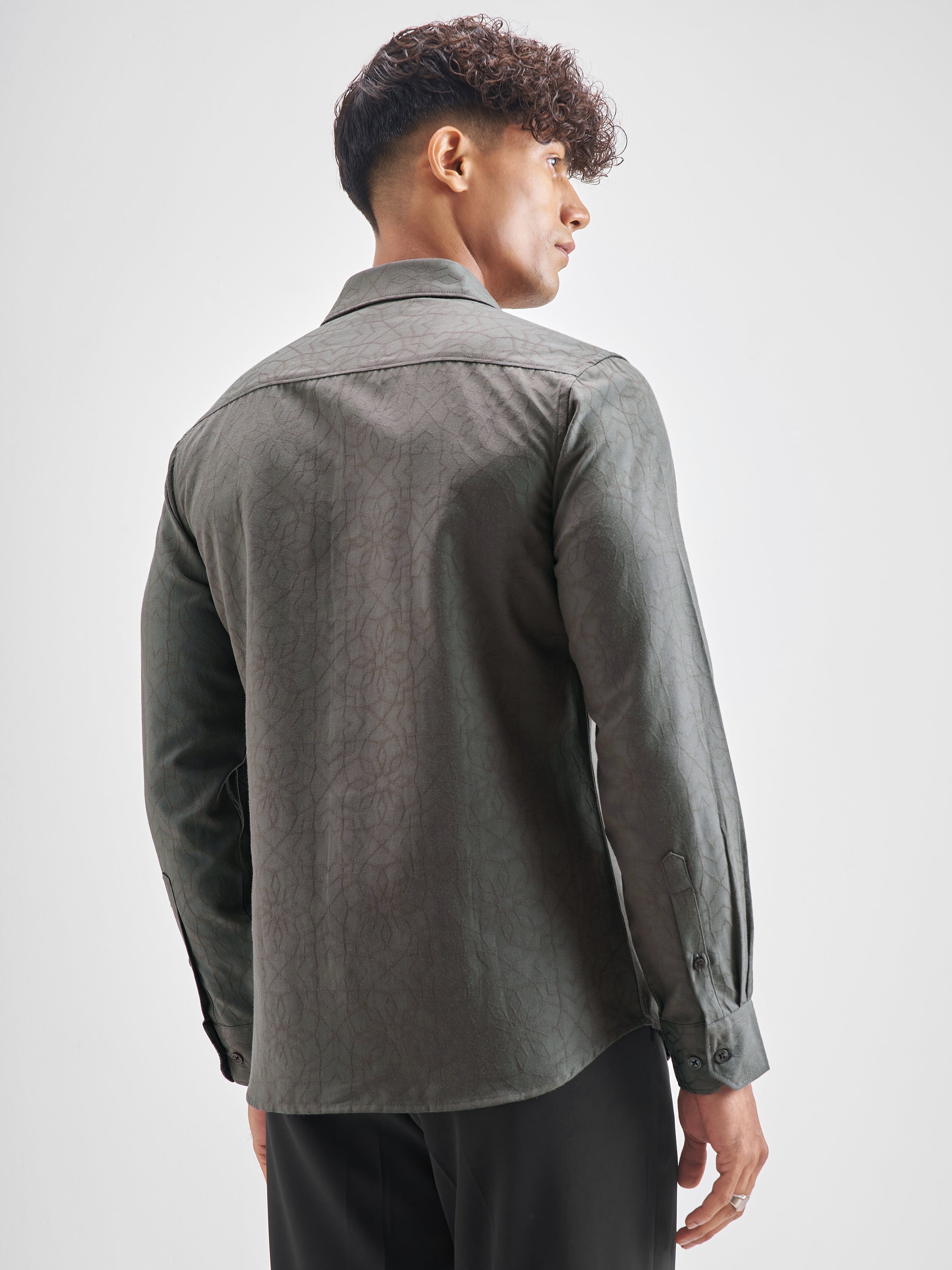 Highlander Men Grey Self Design Slim Fit Casual Shirt - Grey - Image 3