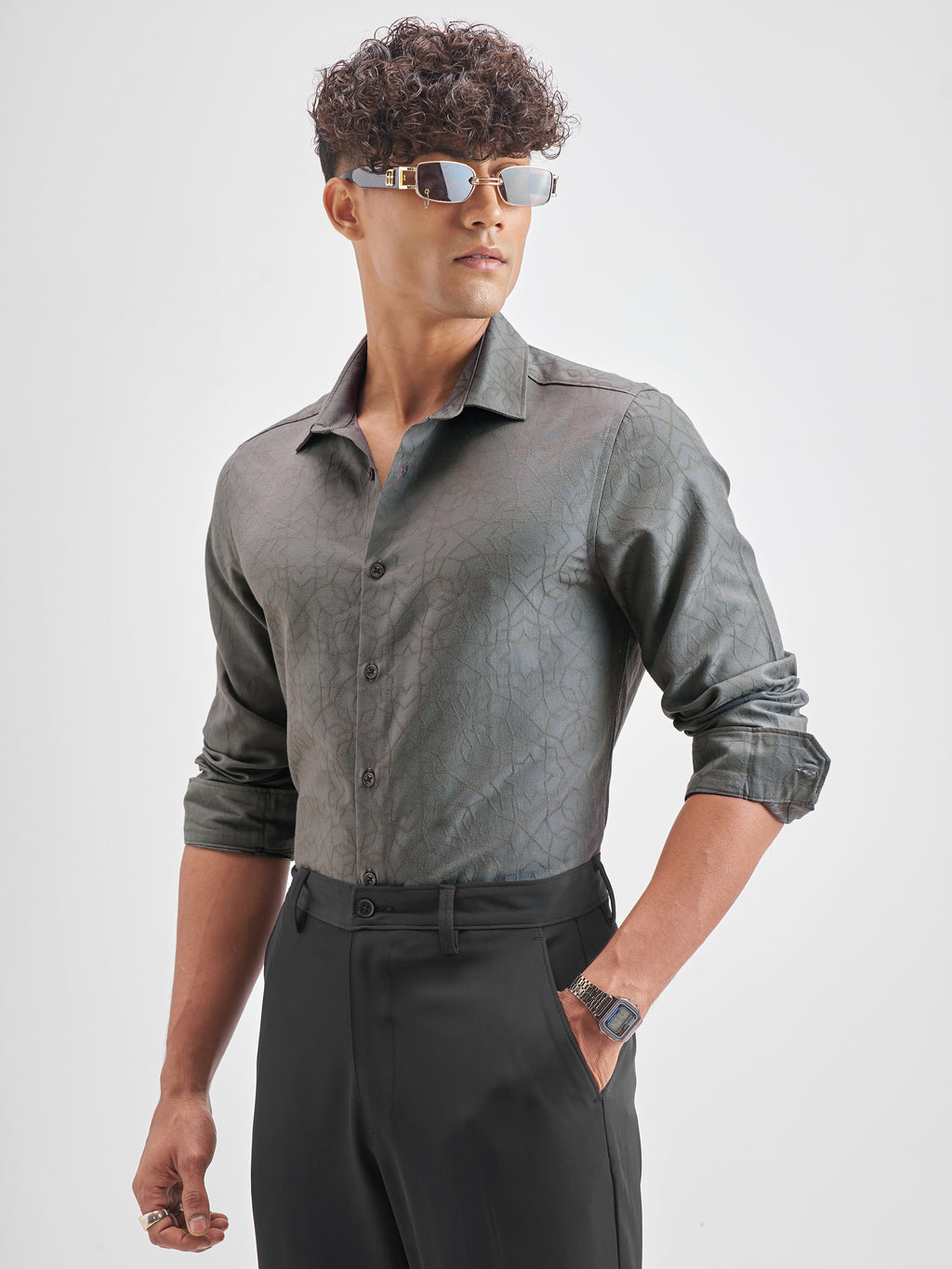 Highlander Men Grey Self Design Slim Fit Casual Shirt - Grey - Image 4
