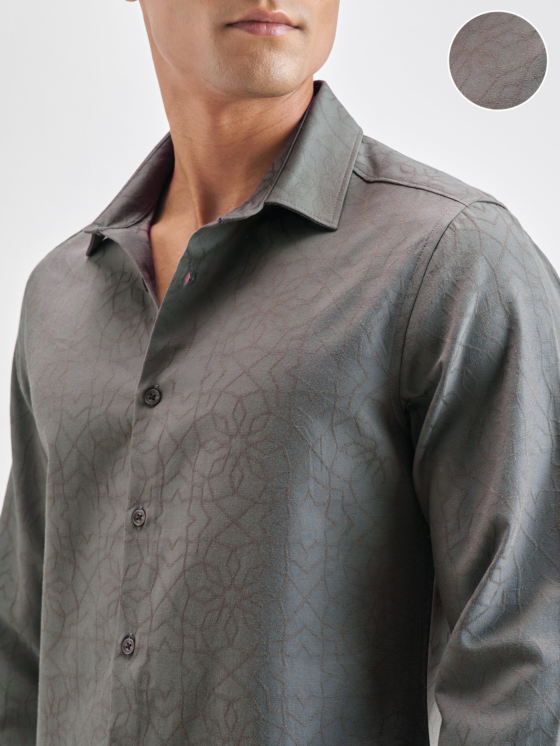 Highlander Men Grey Self Design Slim Fit Casual Shirt - Grey - Image 5