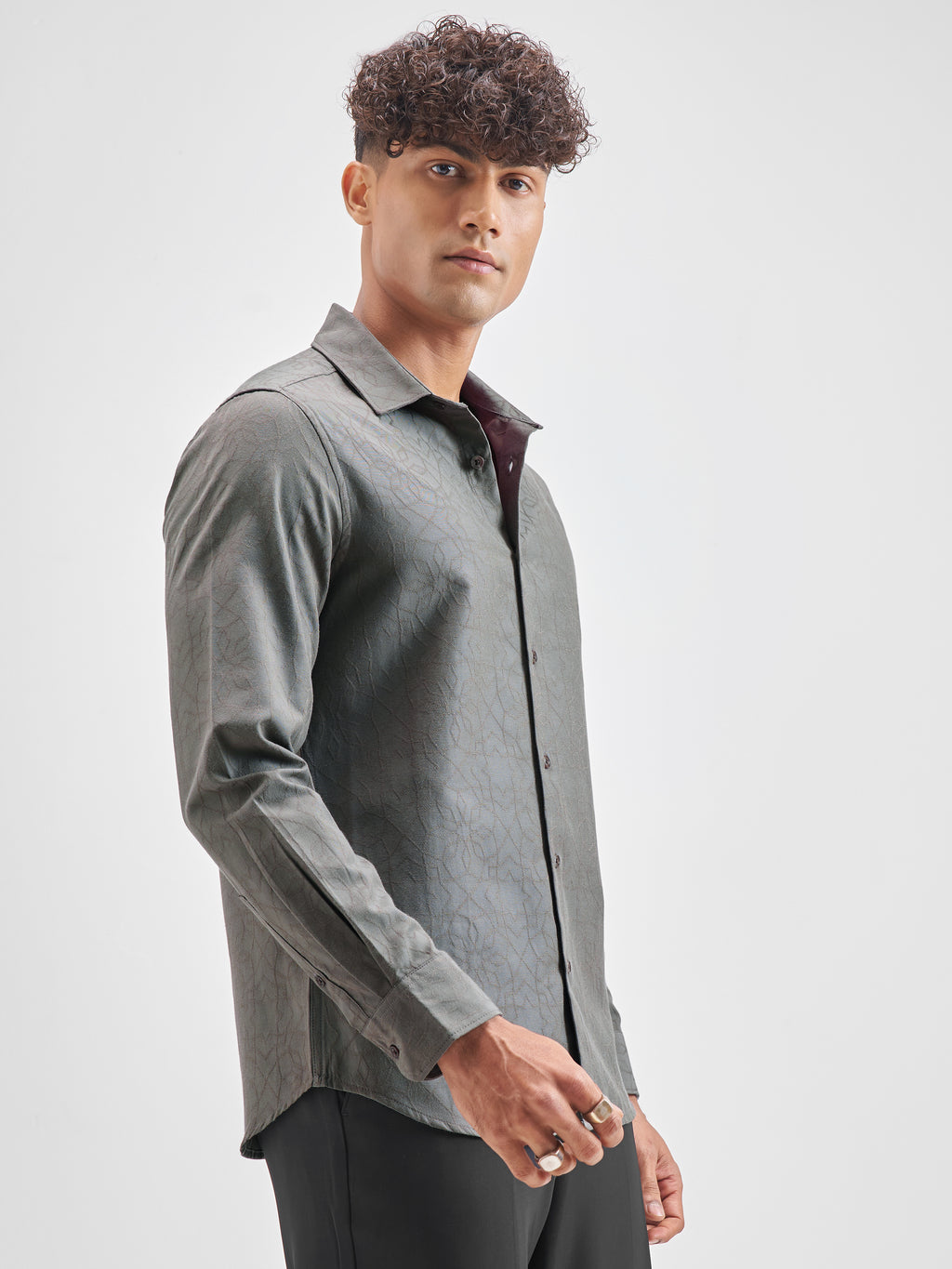 Highlander Men Grey Self Design Slim Fit Casual Shirt - Grey - Image 6