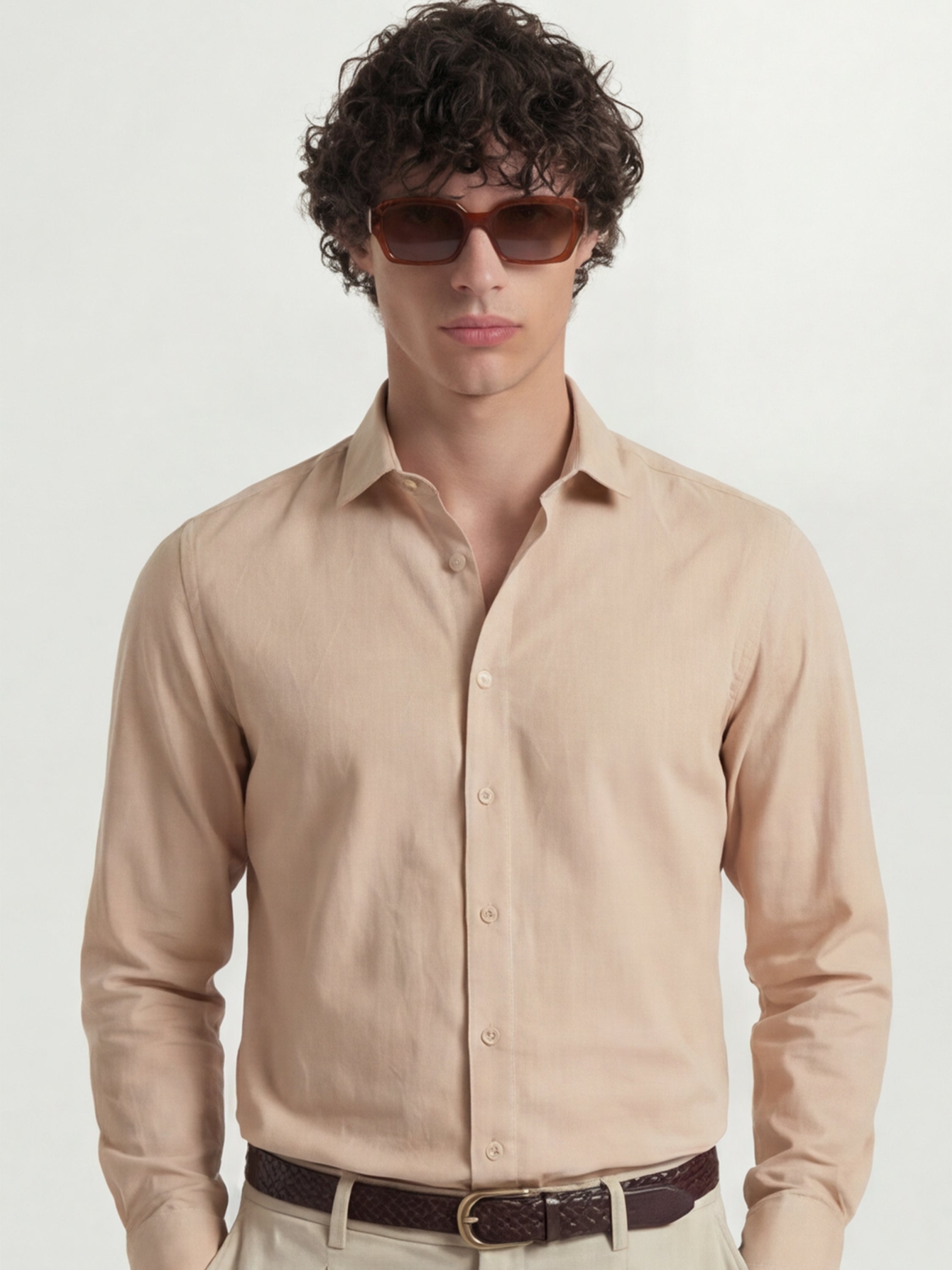 Highlander Men Peach Solid Slim Fit Casual Shirt - Peach - Image 1