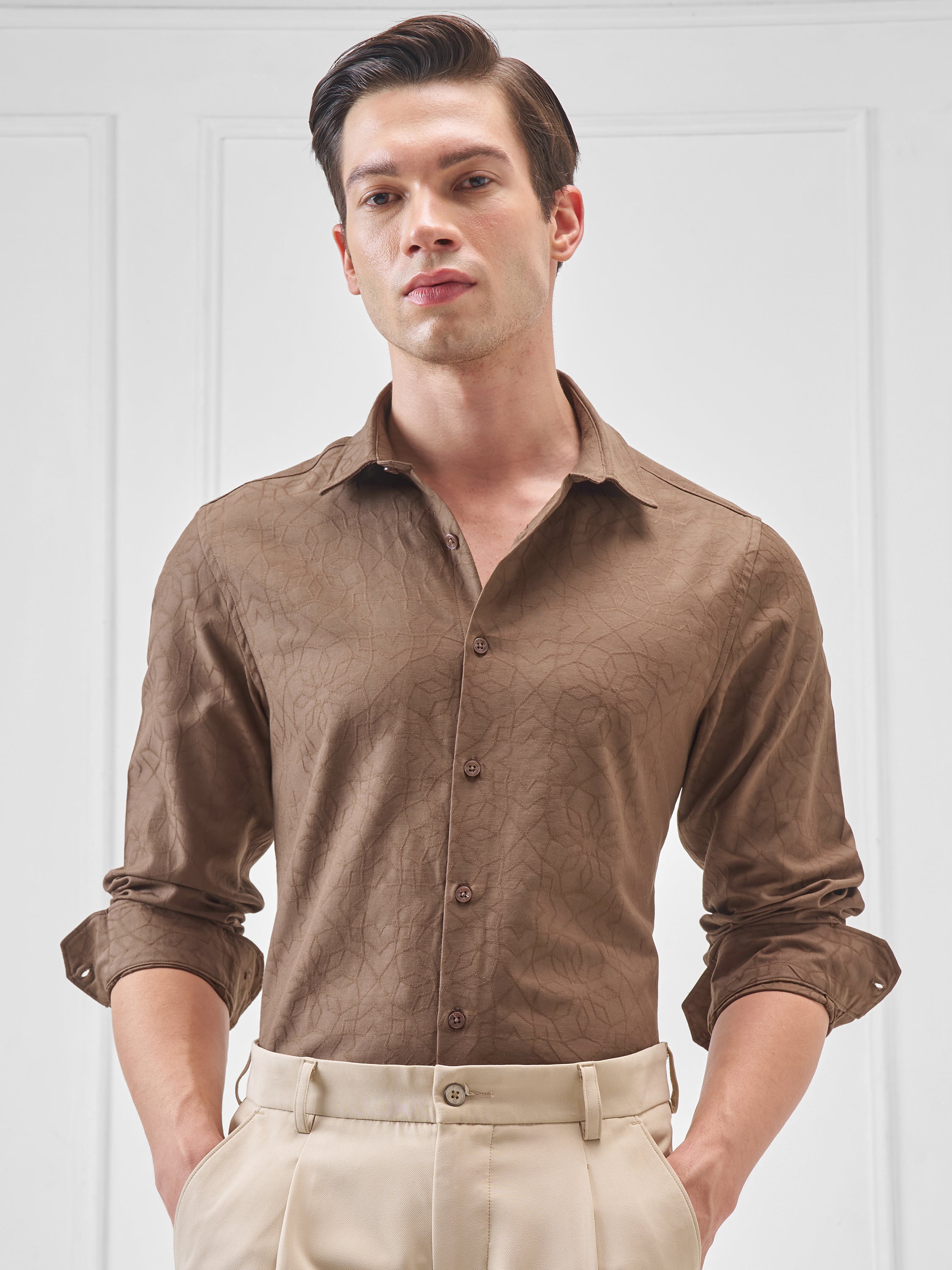 Highlander Men Brown Self Design Slim Fit Casual Shirt - Brown - Image 1
