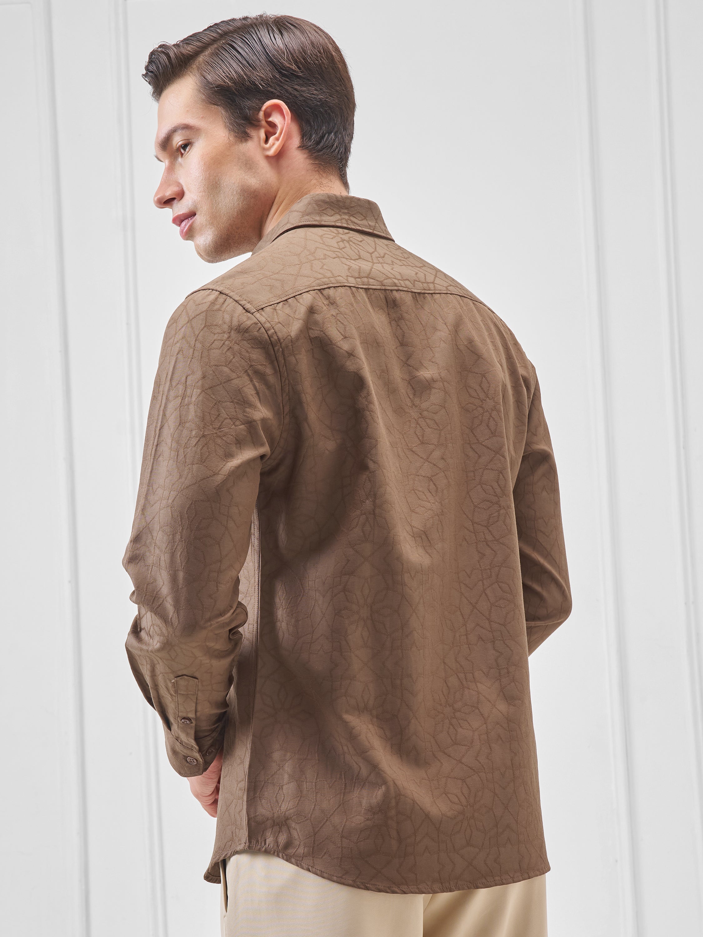 Highlander Men Brown Self Design Slim Fit Casual Shirt - Brown - Image 3