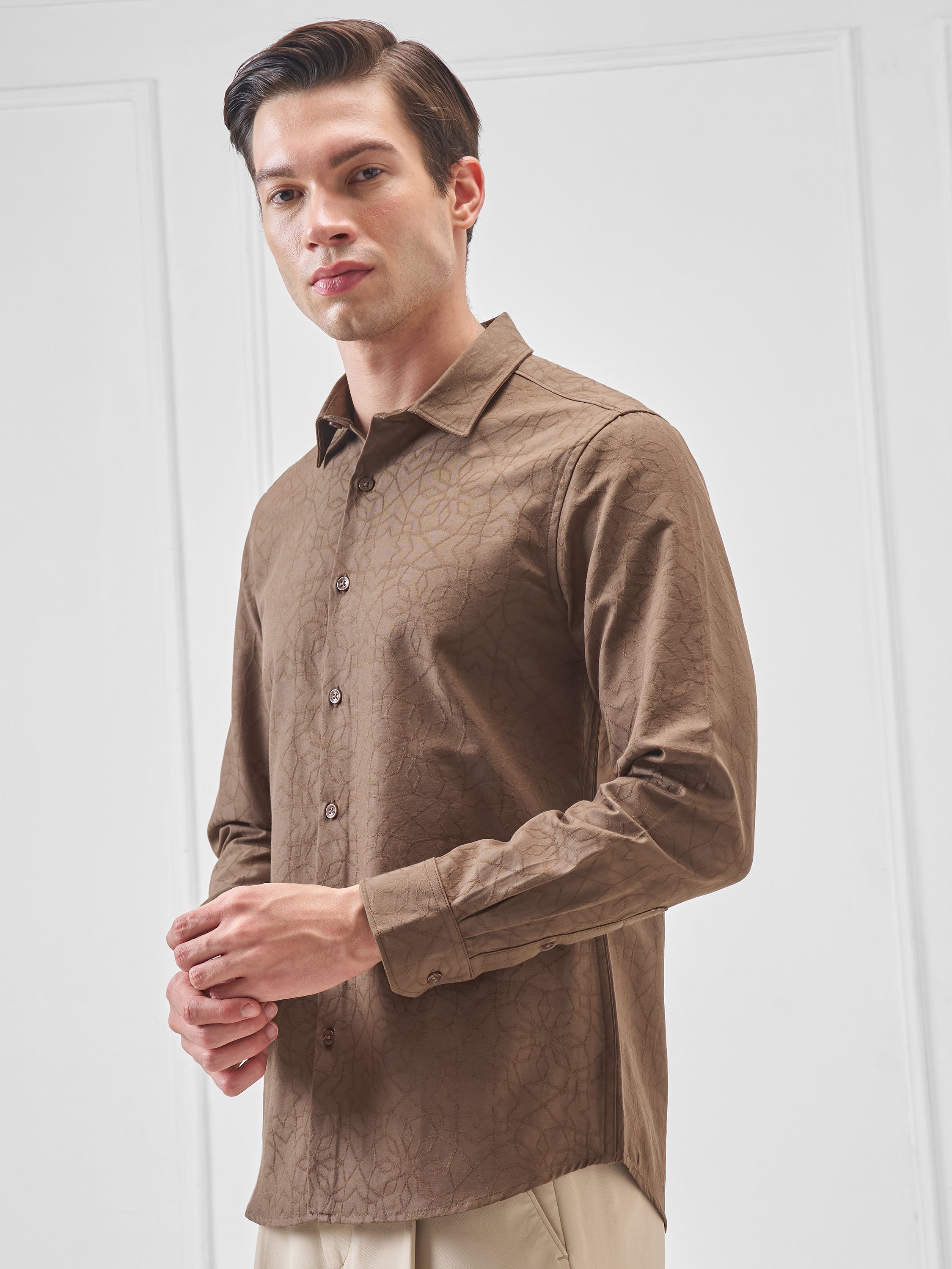 Highlander Men Brown Self Design Slim Fit Casual Shirt - Brown - Image 4