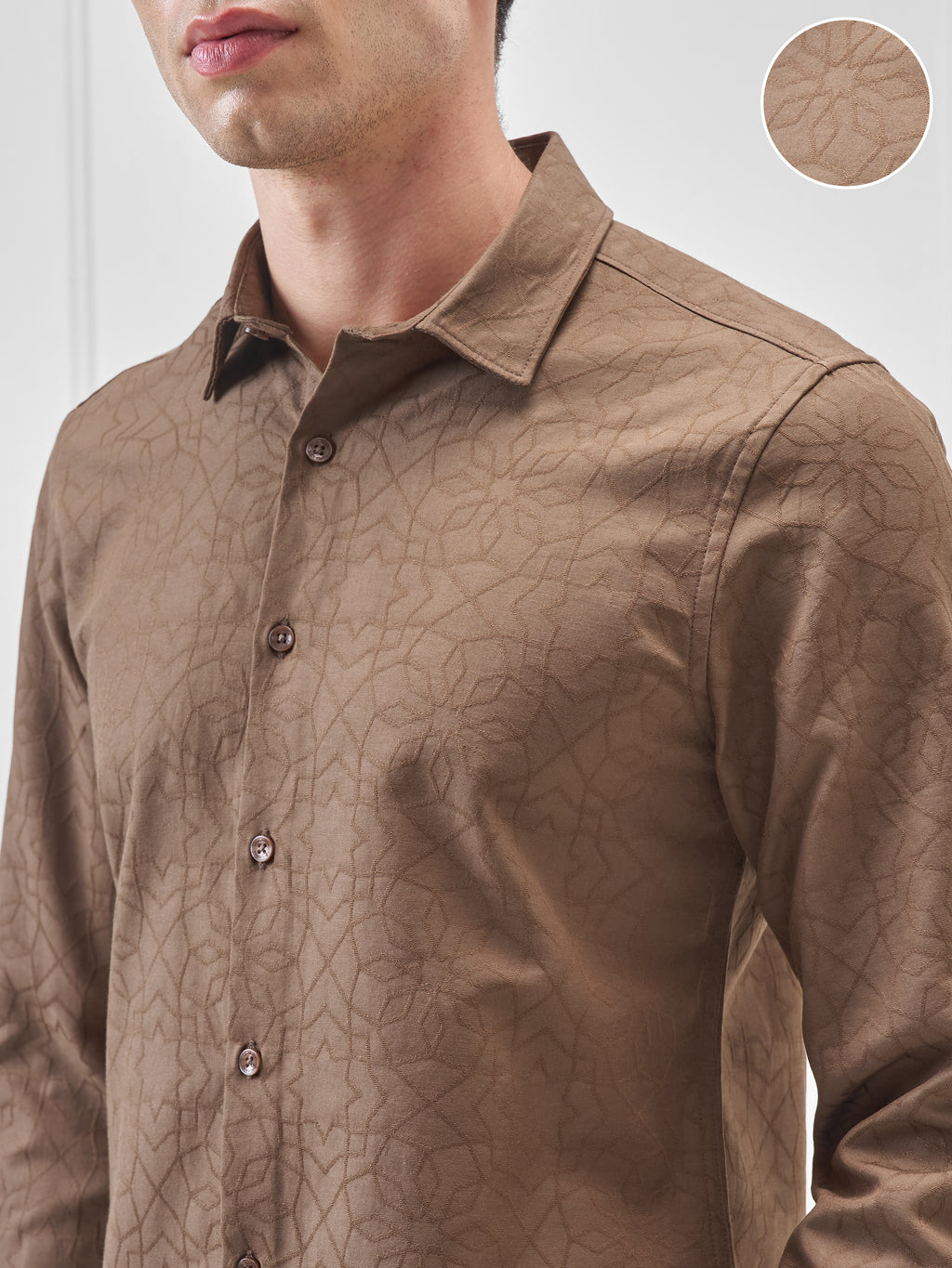 Highlander Men Brown Self Design Slim Fit Casual Shirt - Brown - Image 5