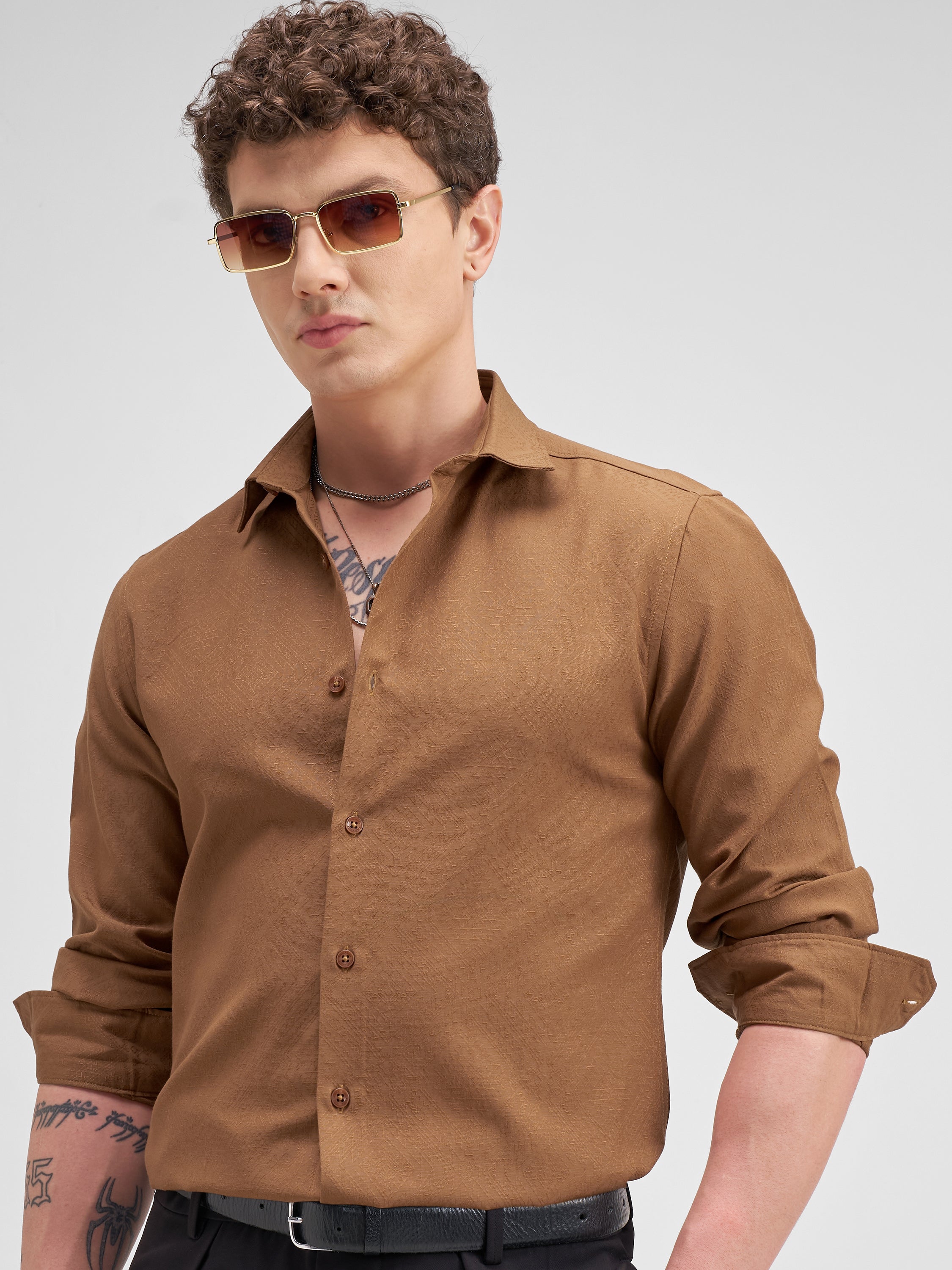 Highlander Men Rust Solid Slim Fit Casual Shirt - Rust - Image 1