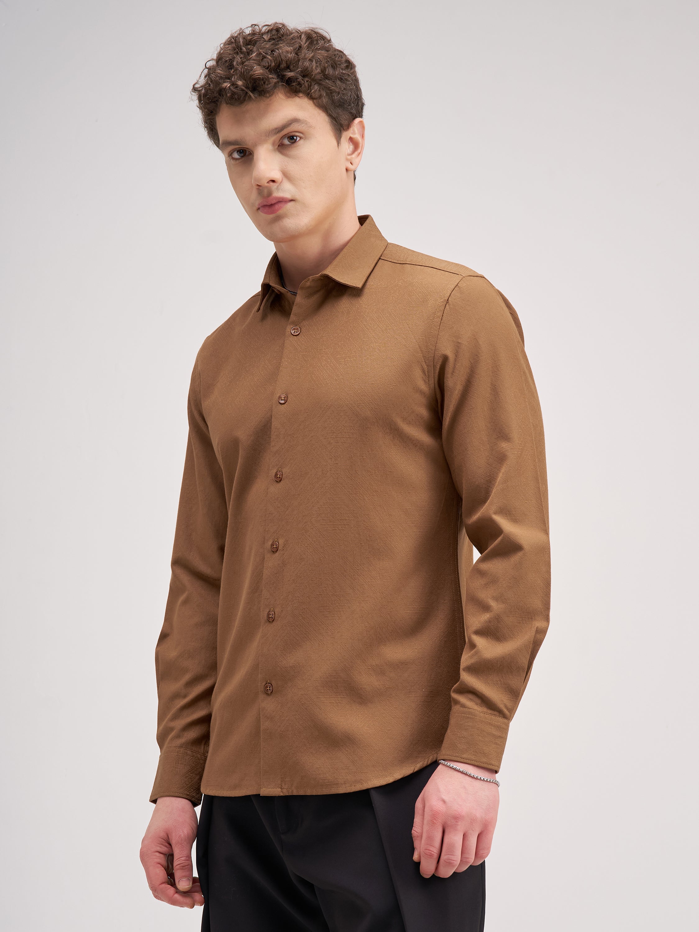 Highlander Men Rust Solid Slim Fit Casual Shirt - Rust - Image 4