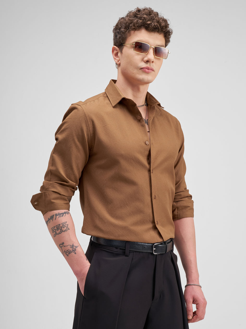 Highlander Men Rust Solid Slim Fit Casual Shirt - Rust - Image 6