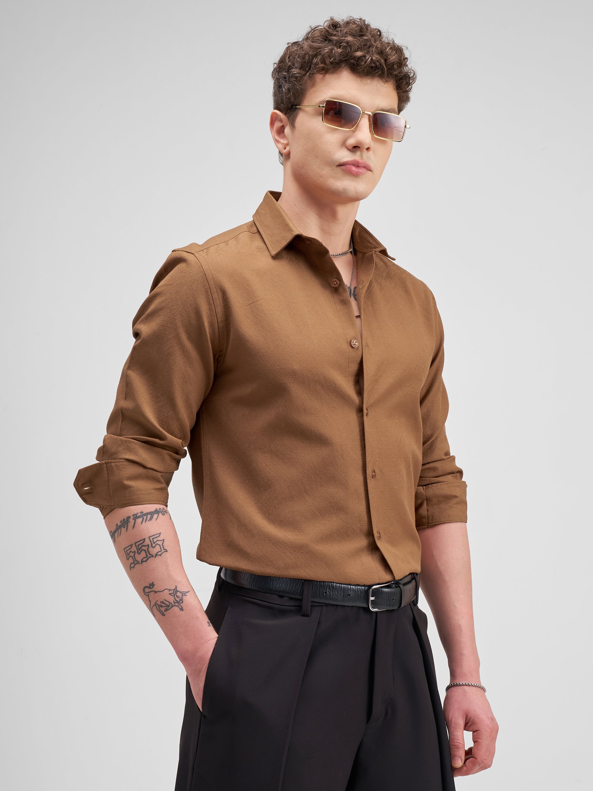 Highlander Men Rust Solid Slim Fit Casual Shirt - Rust - Image 6