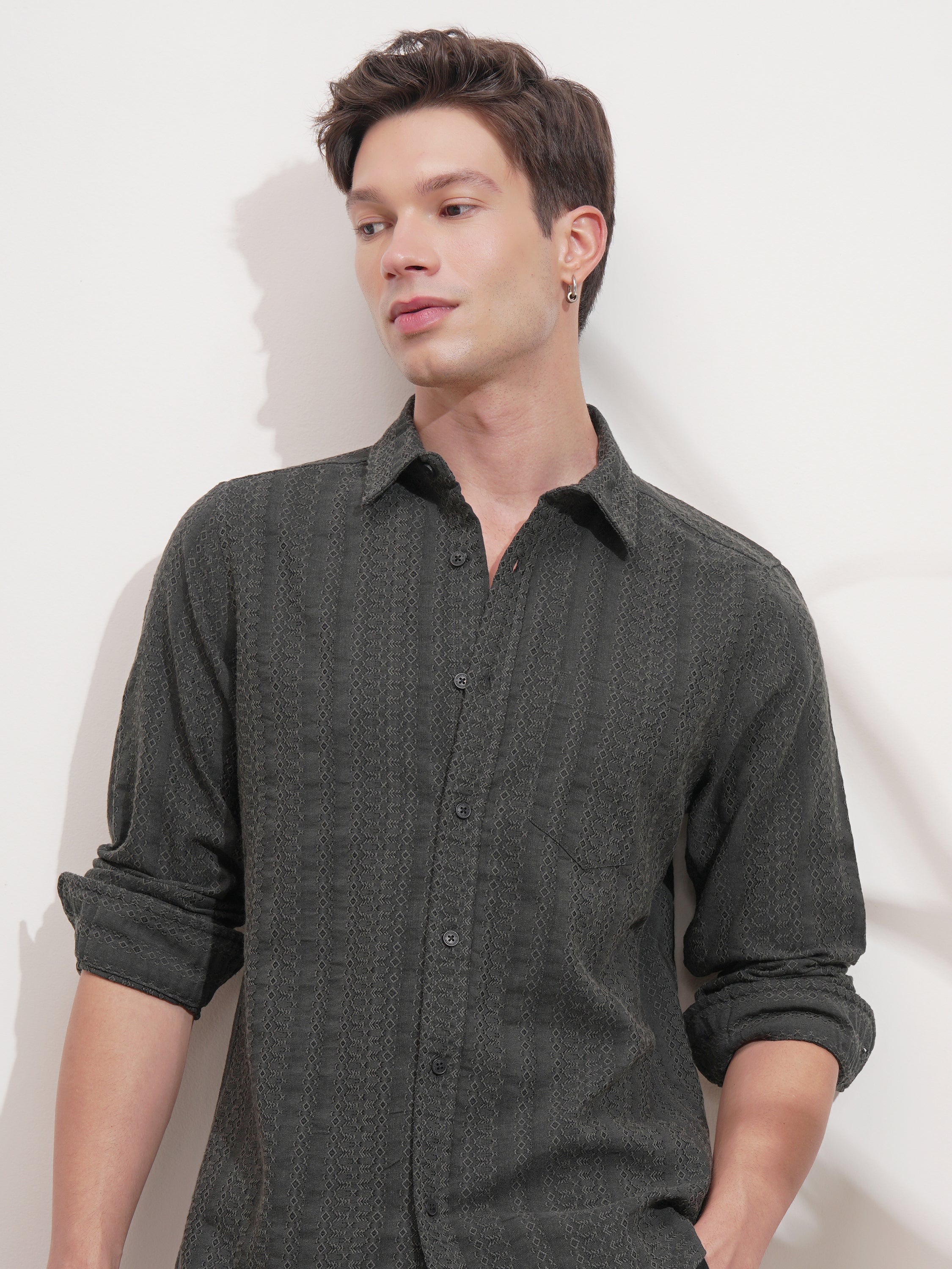 Highlander Men Grey Self Design Slim Fit Casual Shirt - Grey - Image 1