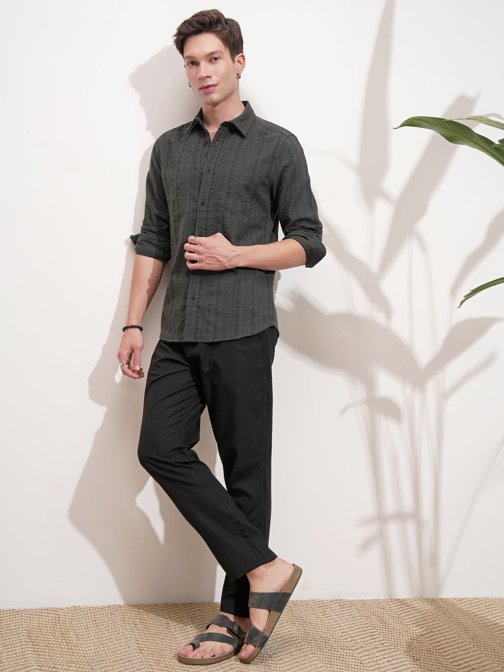 Highlander Men Grey Self Design Slim Fit Casual Shirt - Grey - Image 2