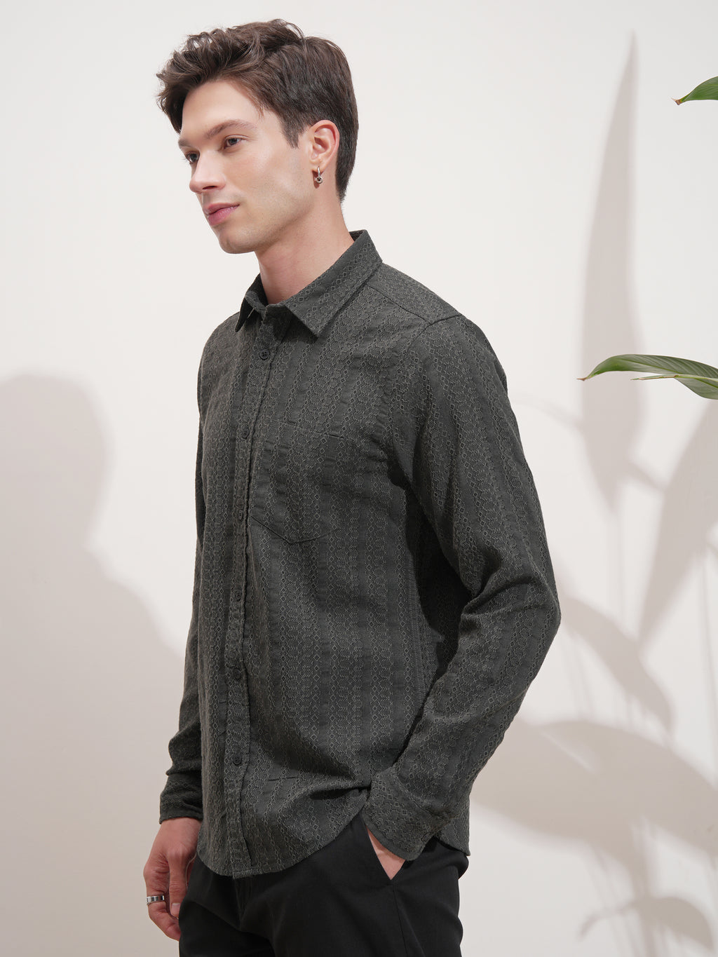 Highlander Men Grey Self Design Slim Fit Casual Shirt - Grey - Image 4