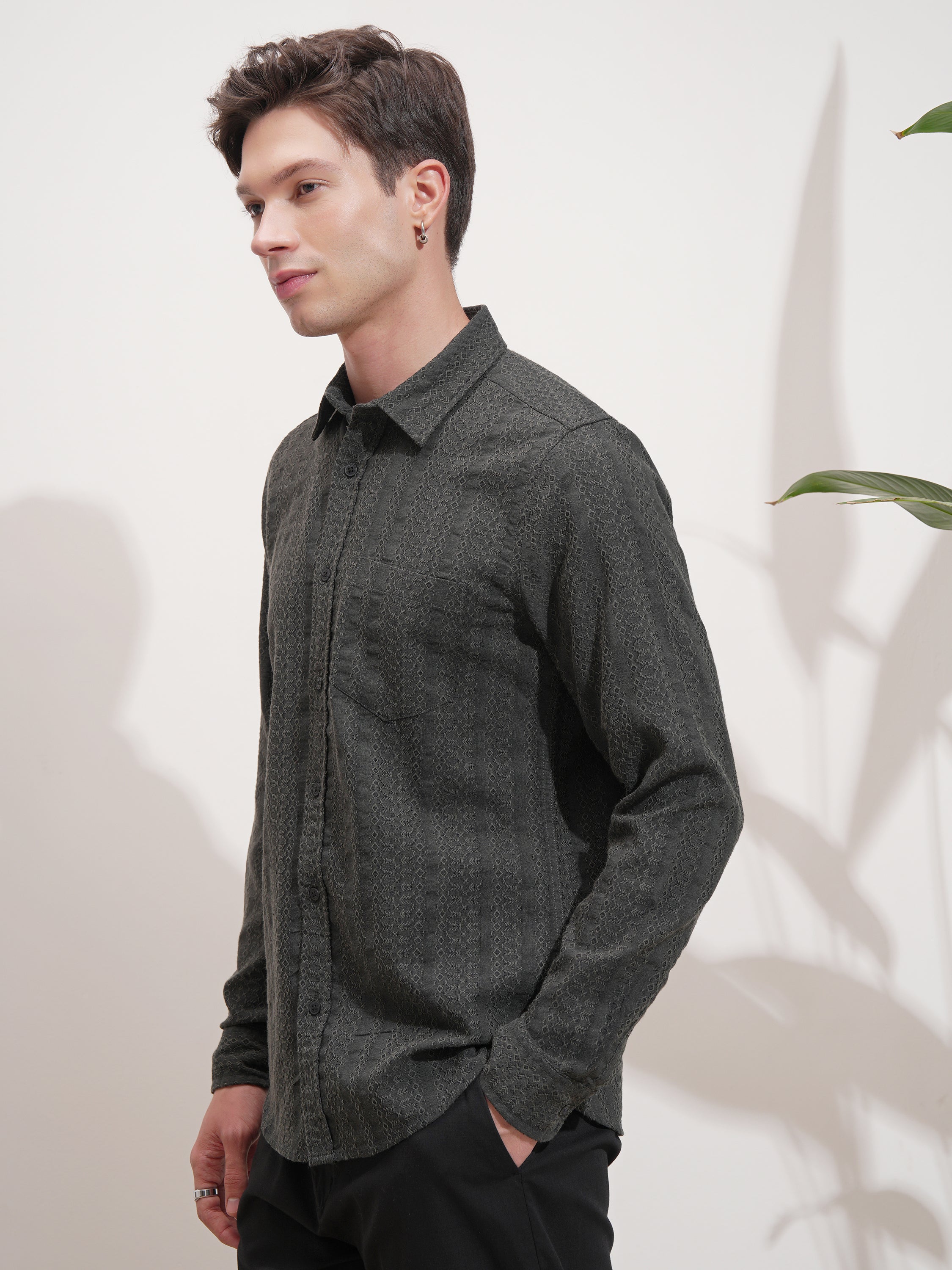 Highlander Men Grey Self Design Slim Fit Casual Shirt - Grey - Image 4