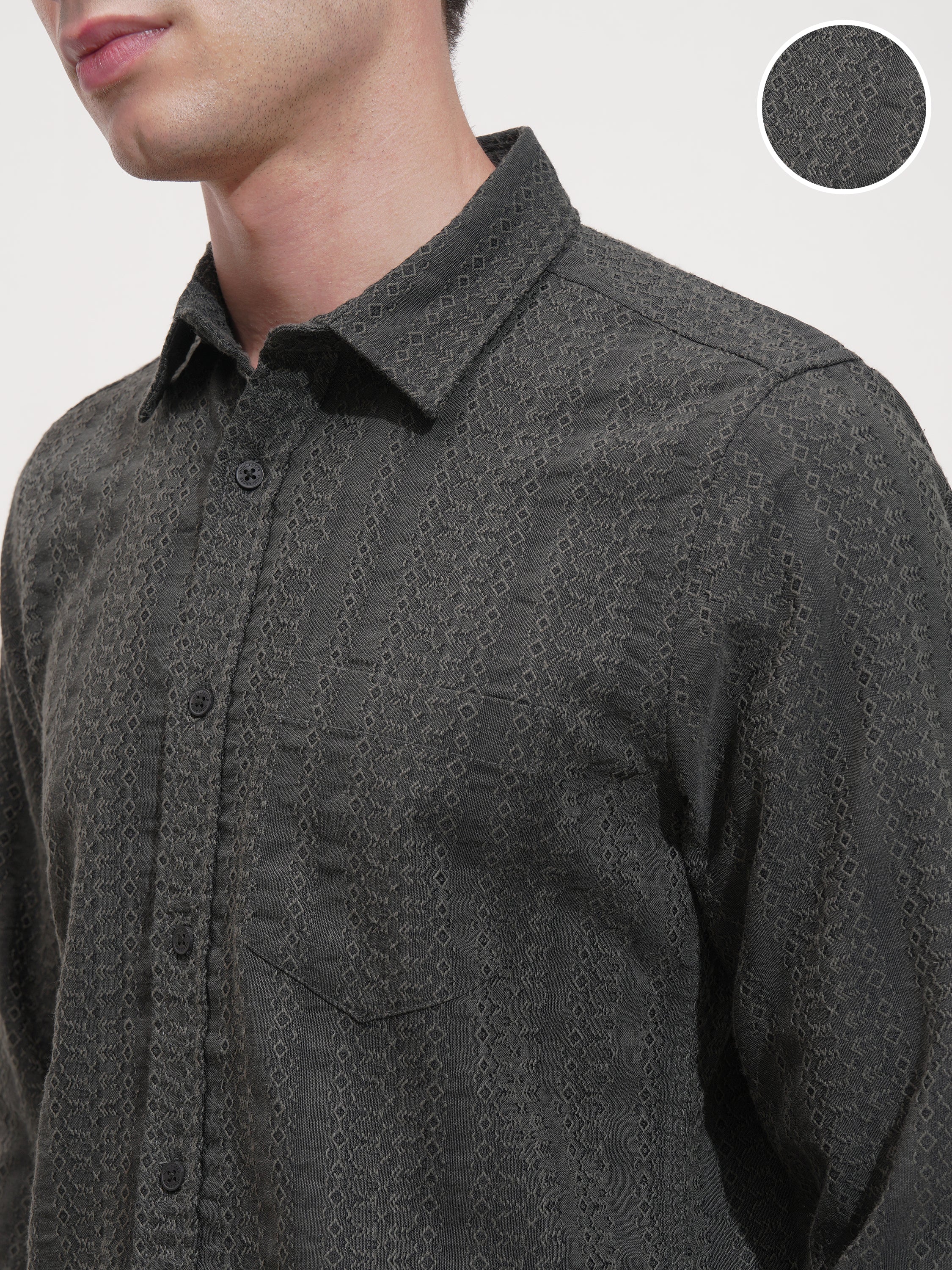 Highlander Men Grey Self Design Slim Fit Casual Shirt - Grey - Image 5