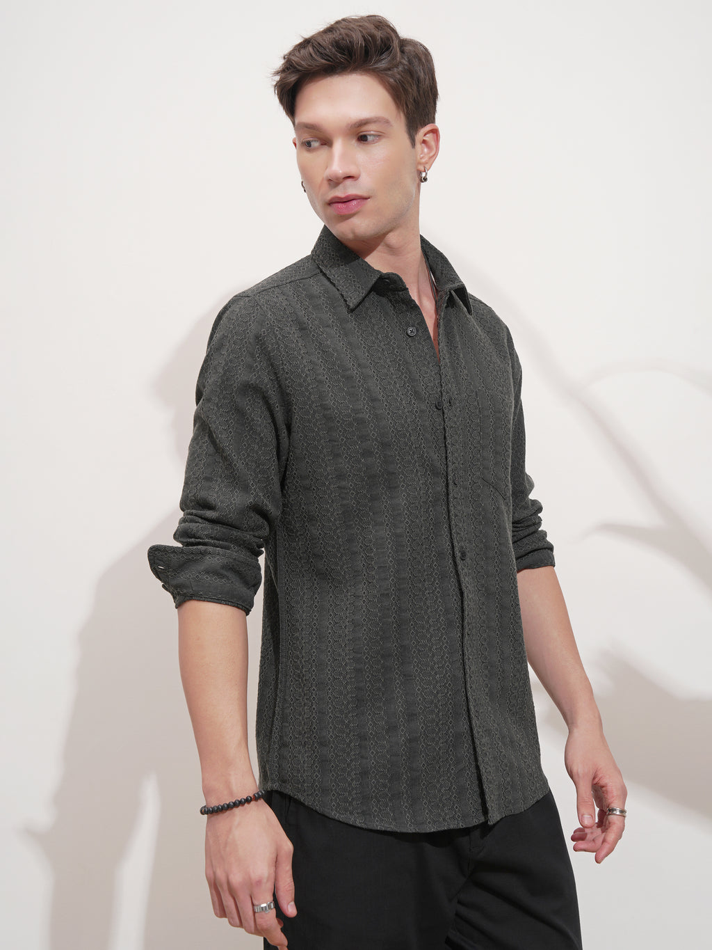 Highlander Men Grey Self Design Slim Fit Casual Shirt - Grey - Image 6