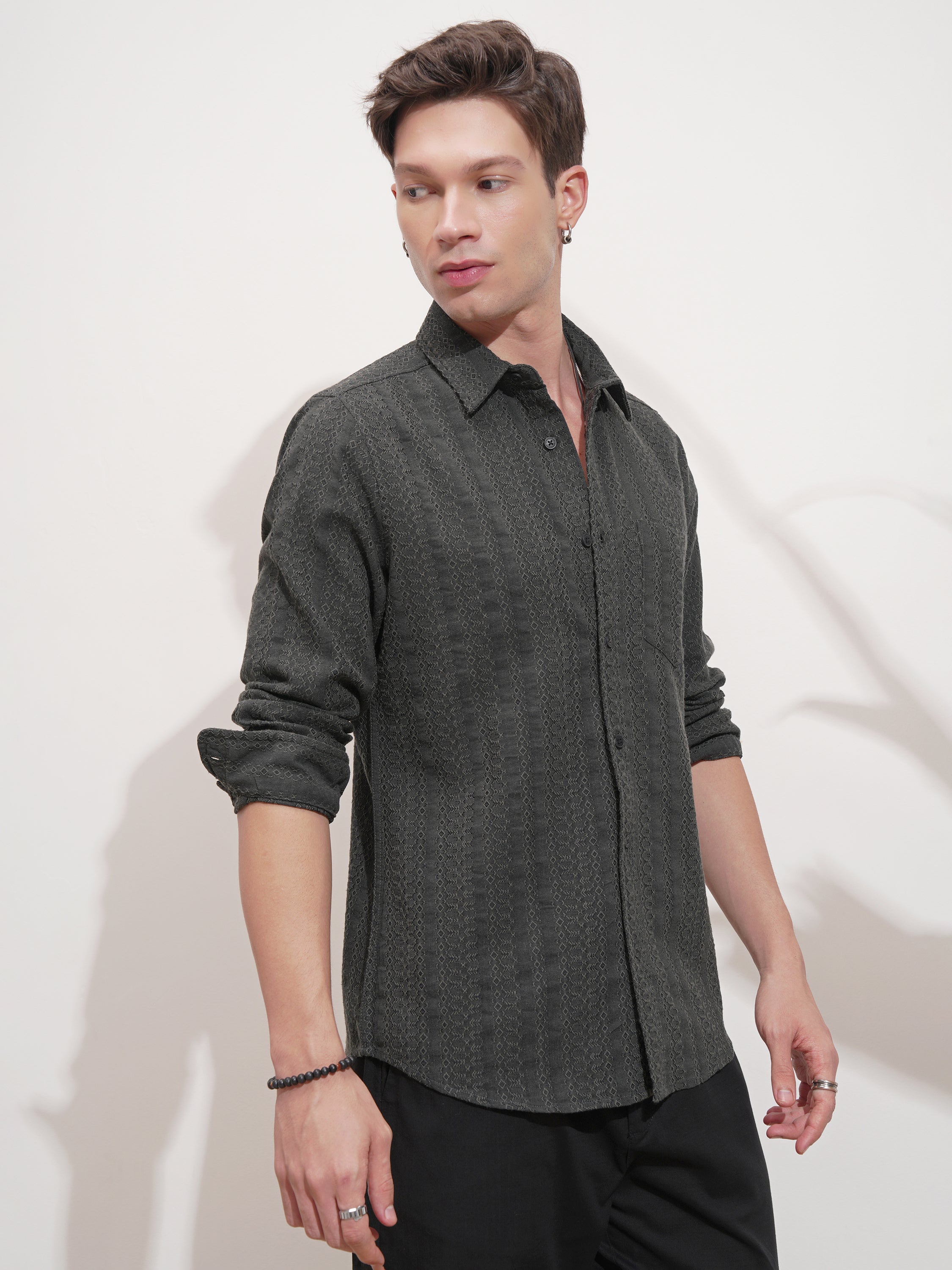 Highlander Men Grey Self Design Slim Fit Casual Shirt - Grey - Image 6