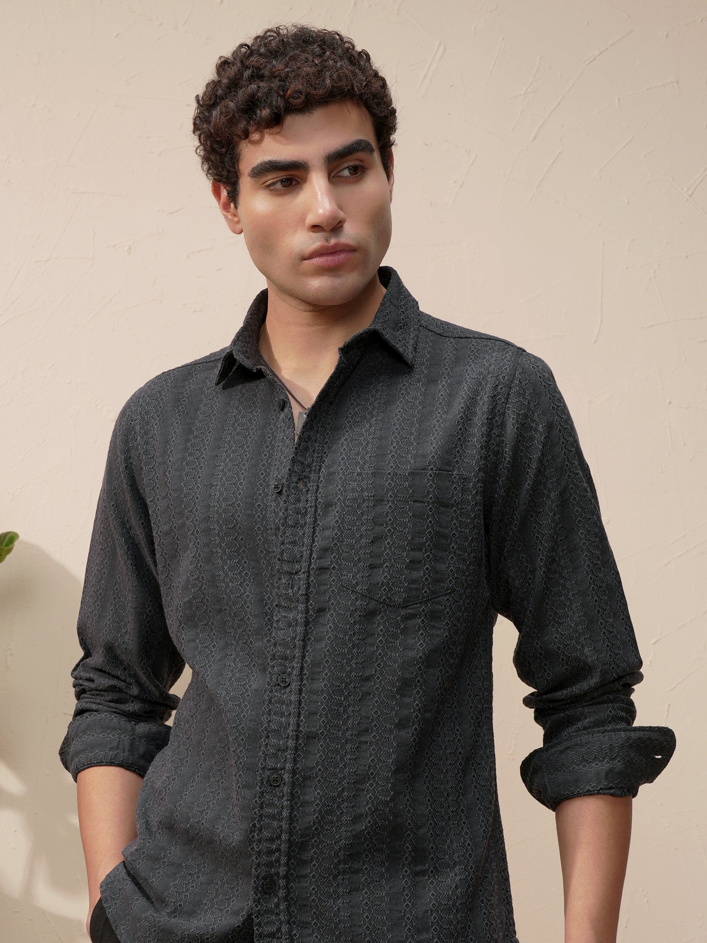 Highlander Men Olive Self Design Slim Fit Casual Shirt - Olive - Image 1