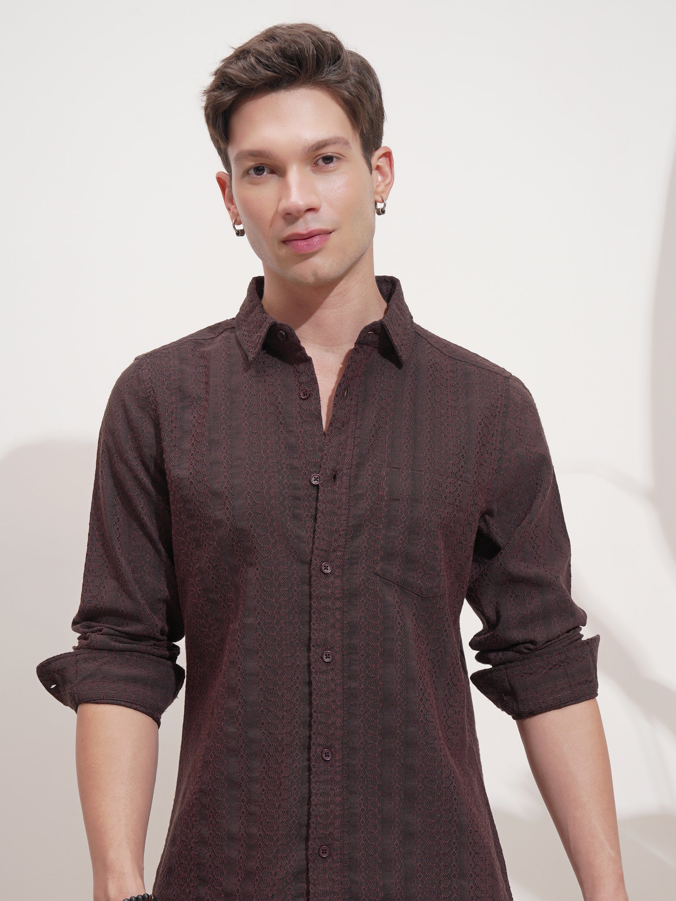 Highlander Men Rust Self Design Slim Fit Casual Shirt - Rust - Image 1