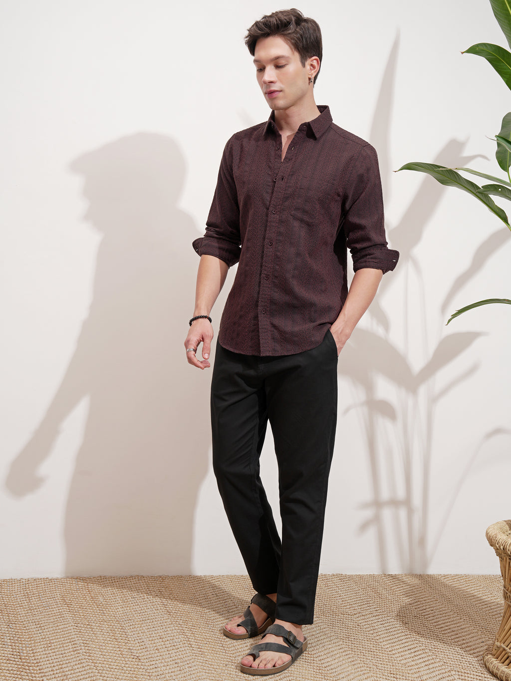 Highlander Men Rust Self Design Slim Fit Casual Shirt - Rust - Image 2