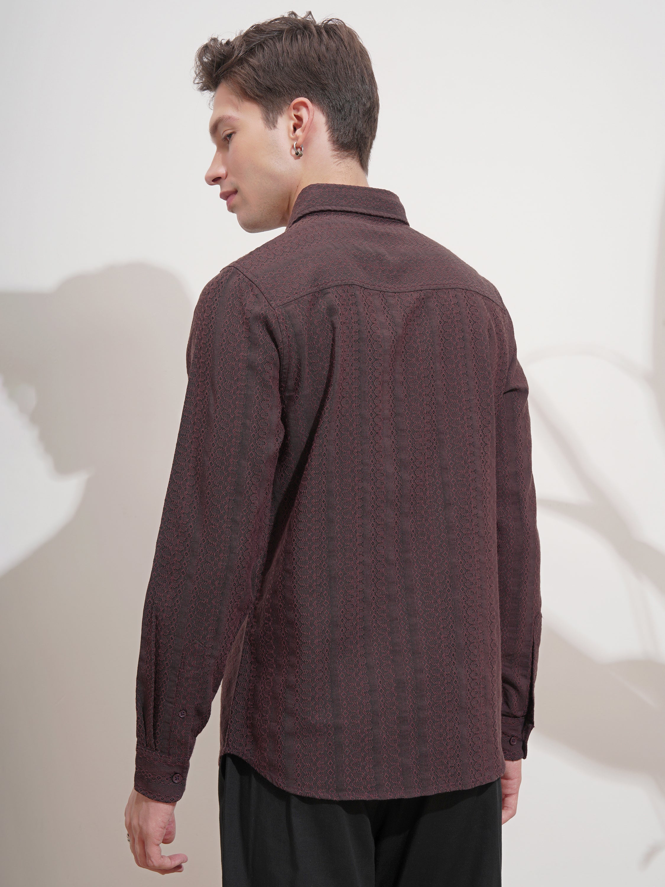 Highlander Men Rust Self Design Slim Fit Casual Shirt - Rust - Image 3