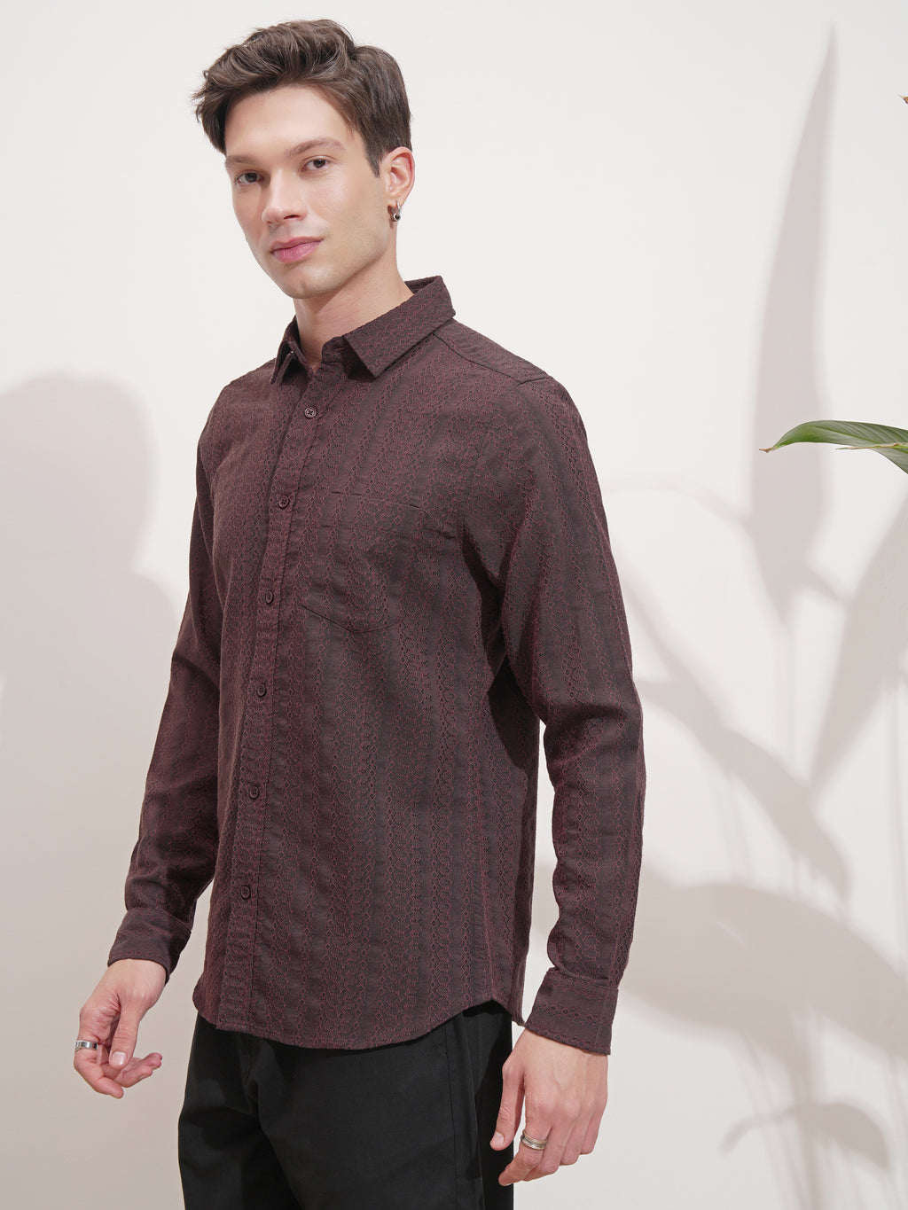 Highlander Men Rust Self Design Slim Fit Casual Shirt - Rust - Image 4