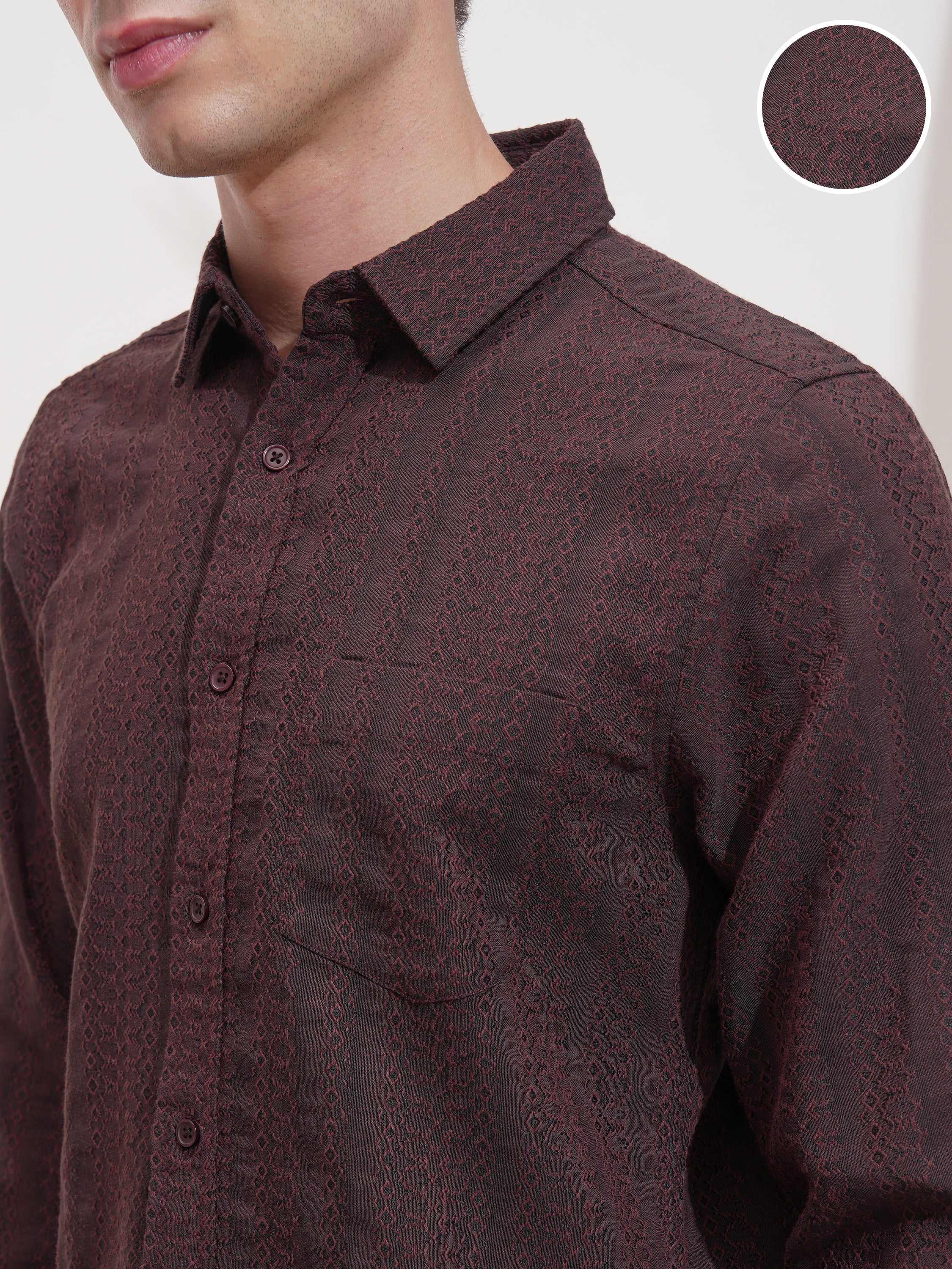 Highlander Men Rust Self Design Slim Fit Casual Shirt - Rust - Image 5