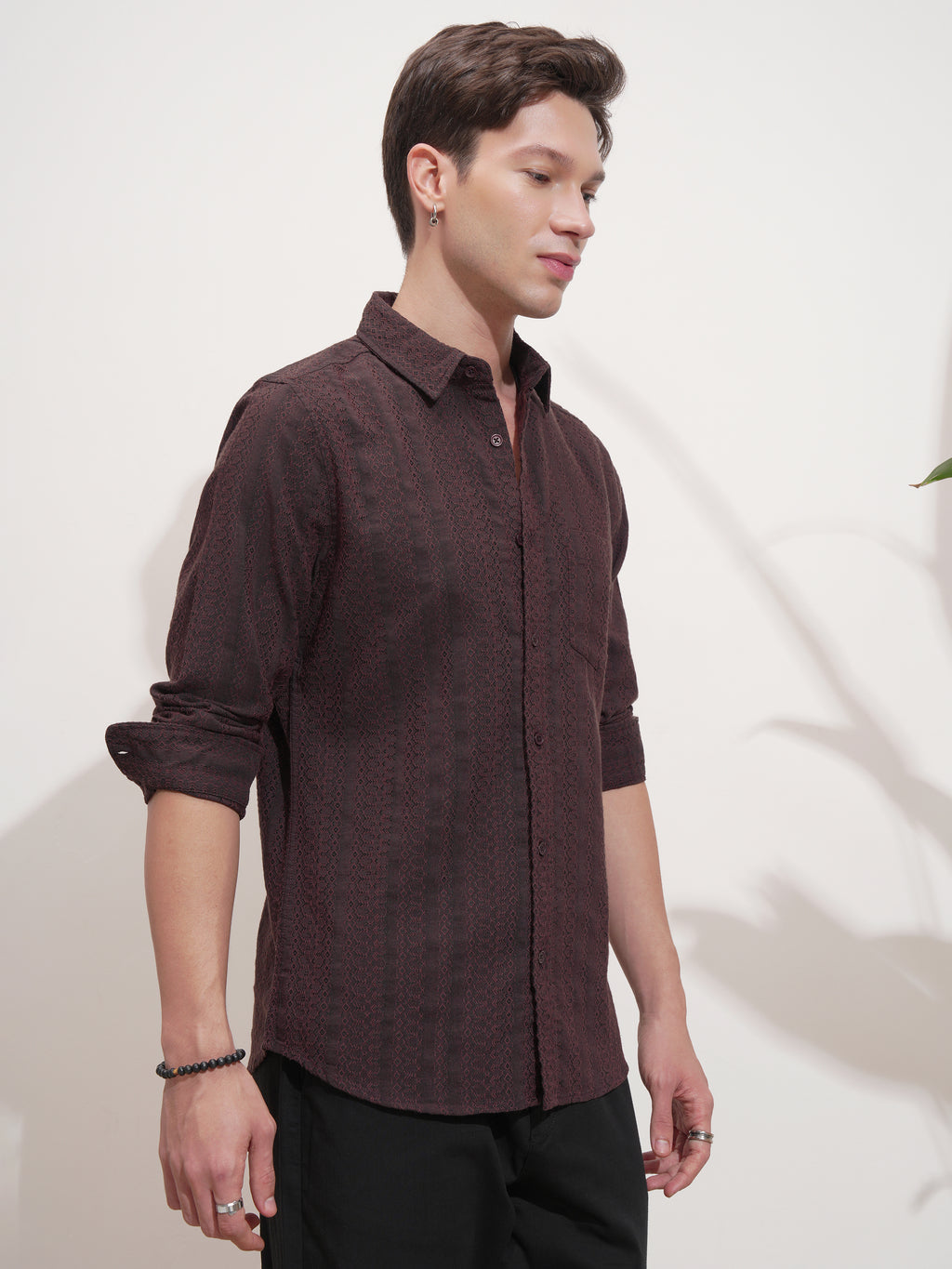 Highlander Men Rust Self Design Slim Fit Casual Shirt - Rust - Image 6