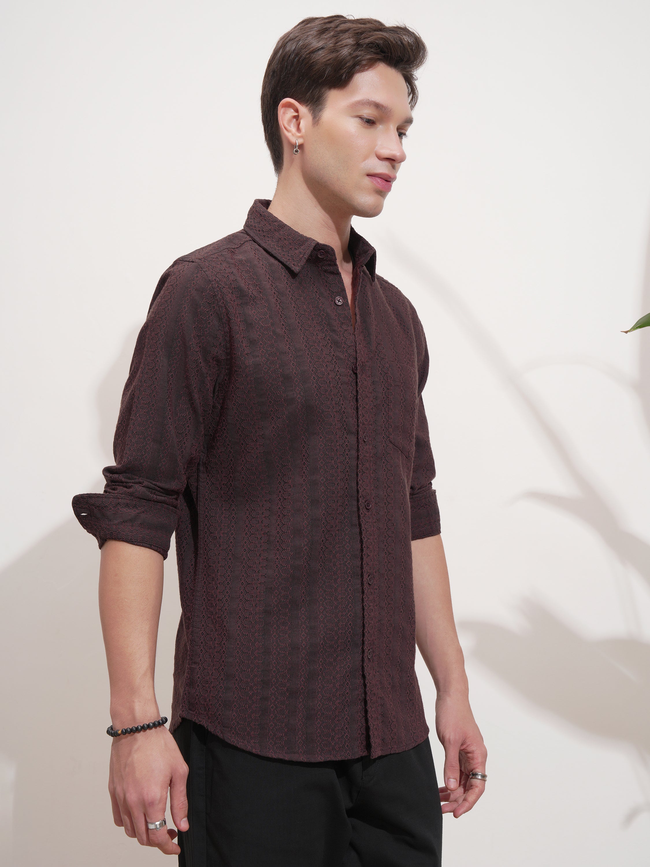 Highlander Men Rust Self Design Slim Fit Casual Shirt - Rust - Image 6