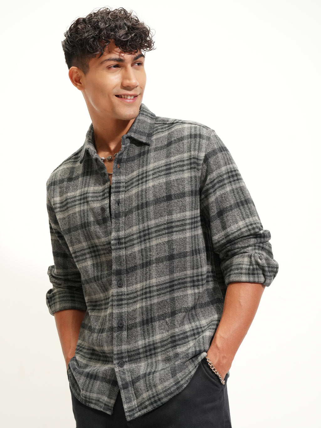 Highlander Men Grey Checked Relaxed Fit Casual Shirt - Grey - Image 4