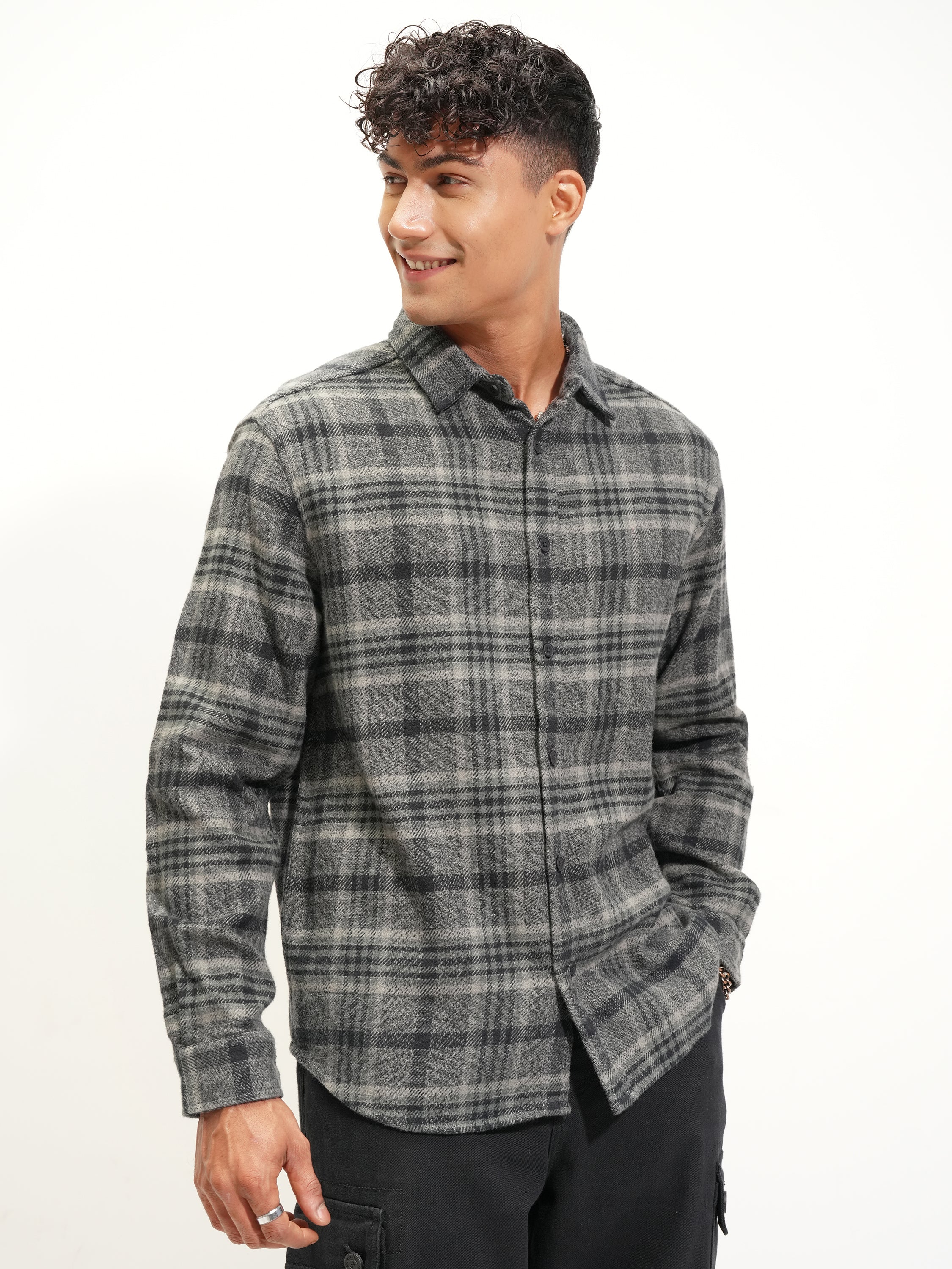 Highlander Men Grey Checked Relaxed Fit Casual Shirt - Grey - Image 6