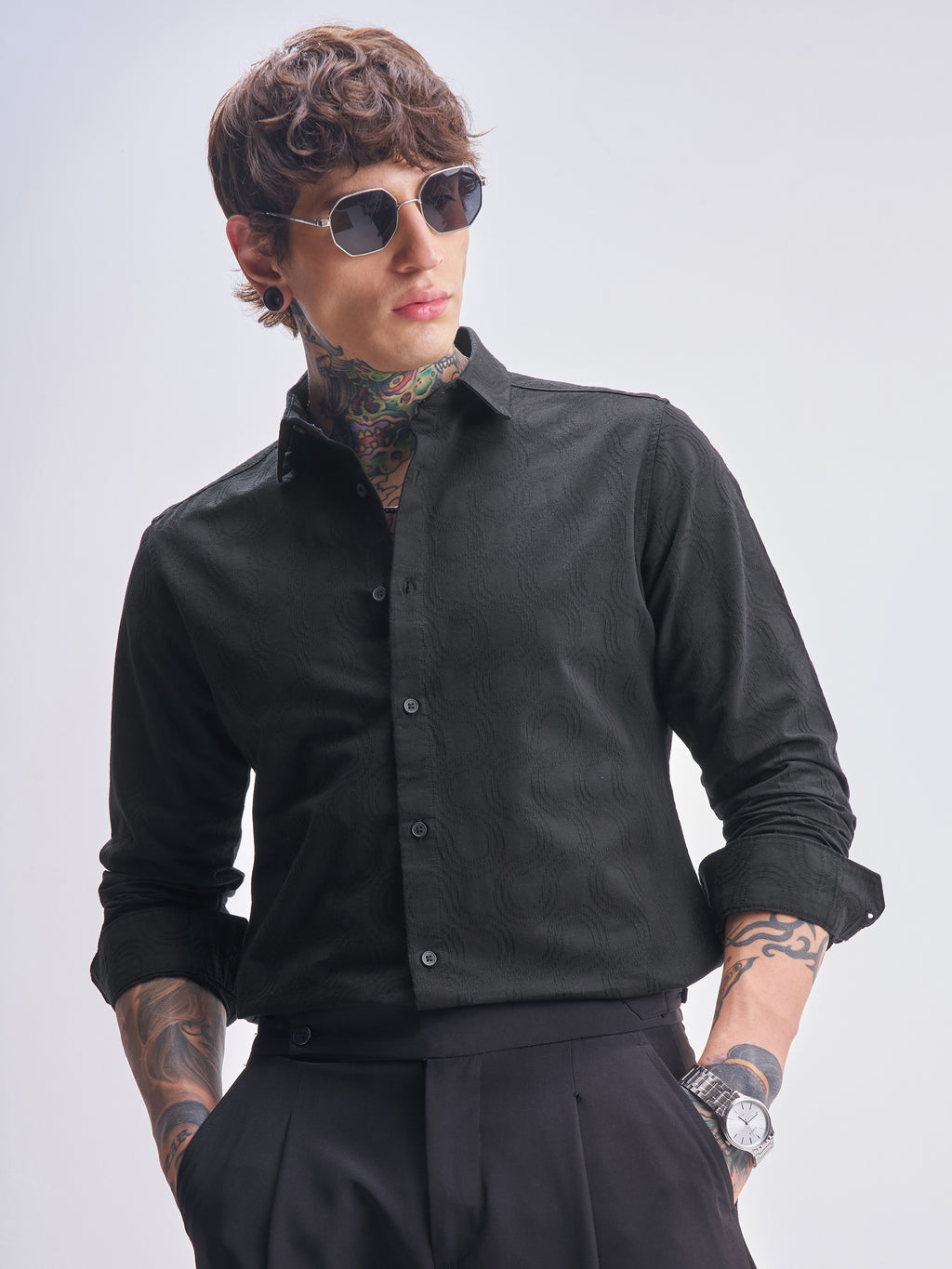 Highlander Men Black Self Design Slim Fit Casual Shirt - Black - Image 1