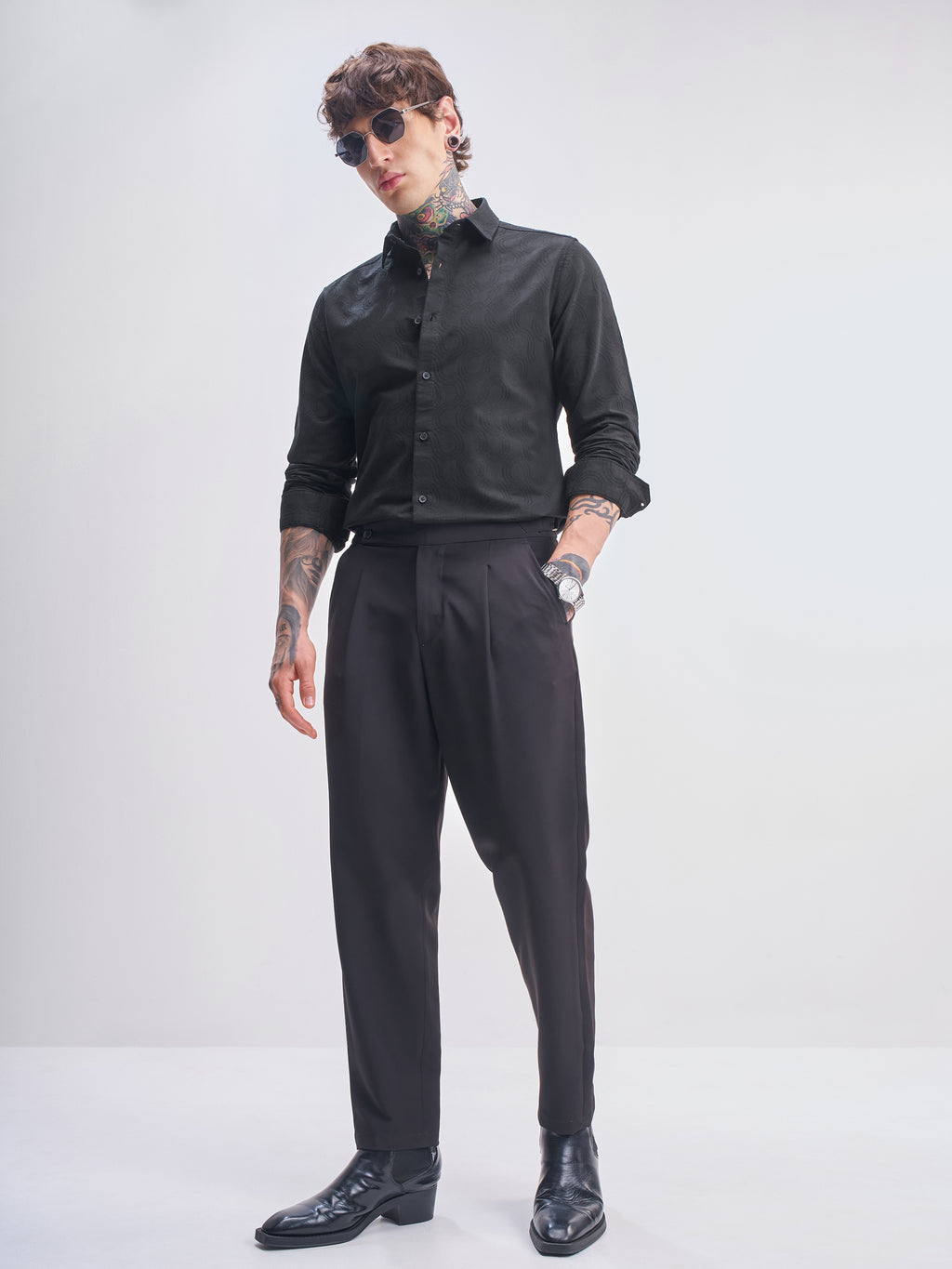 Highlander Men Black Self Design Slim Fit Casual Shirt - Black - Image 2