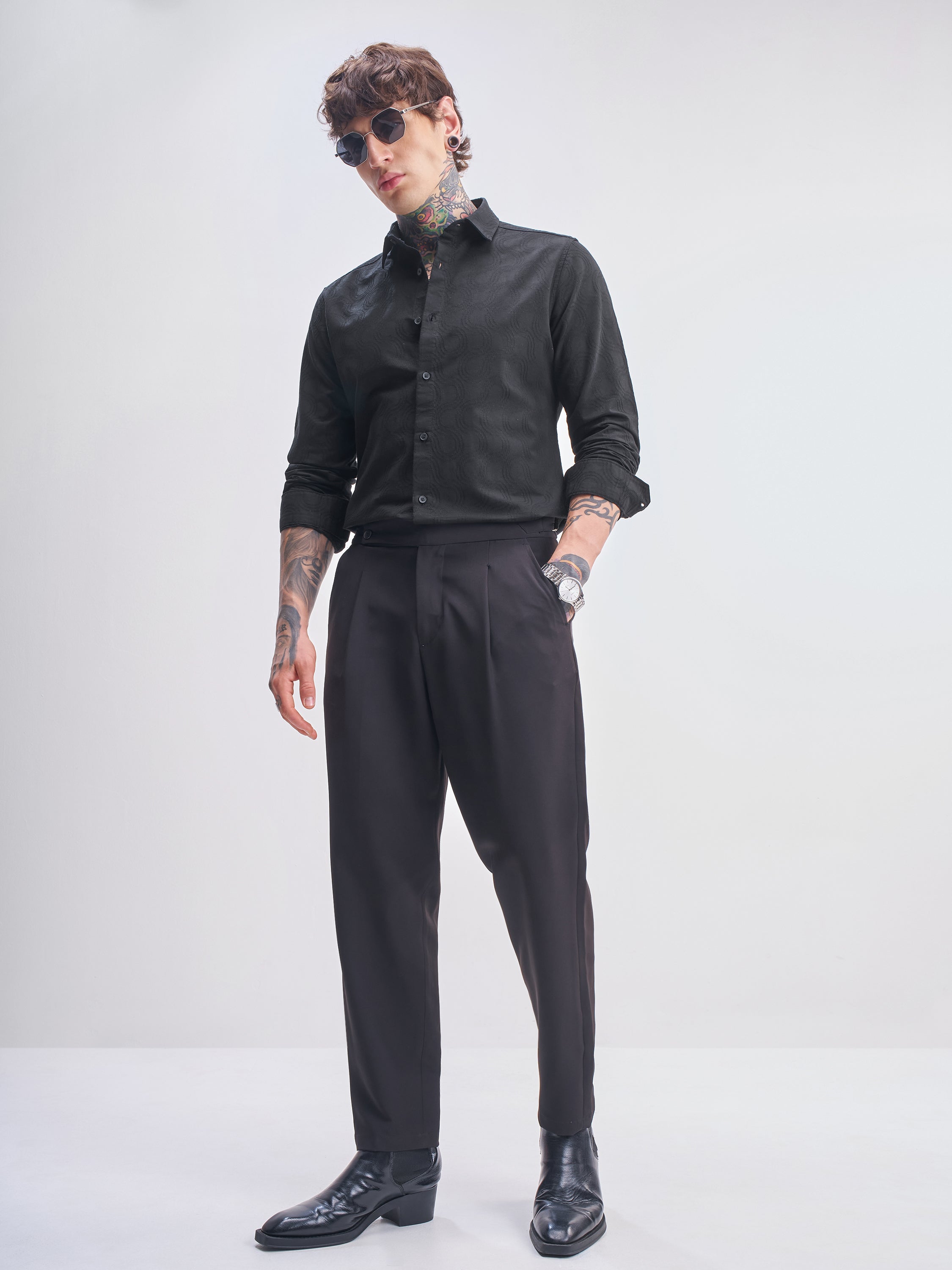 Highlander Men Black Self Design Slim Fit Casual Shirt - Black - Image 2