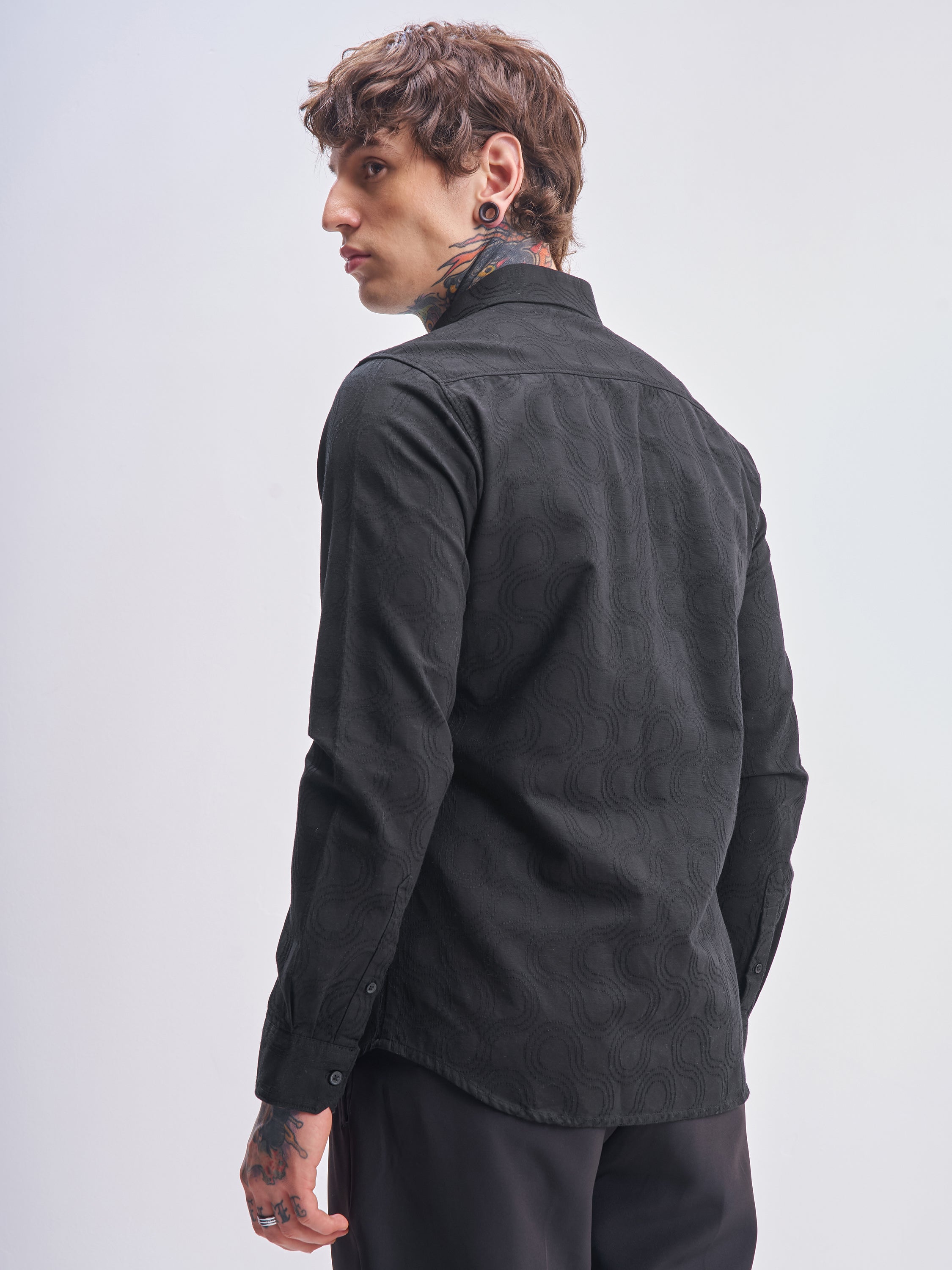 Highlander Men Black Self Design Slim Fit Casual Shirt - Black - Image 3
