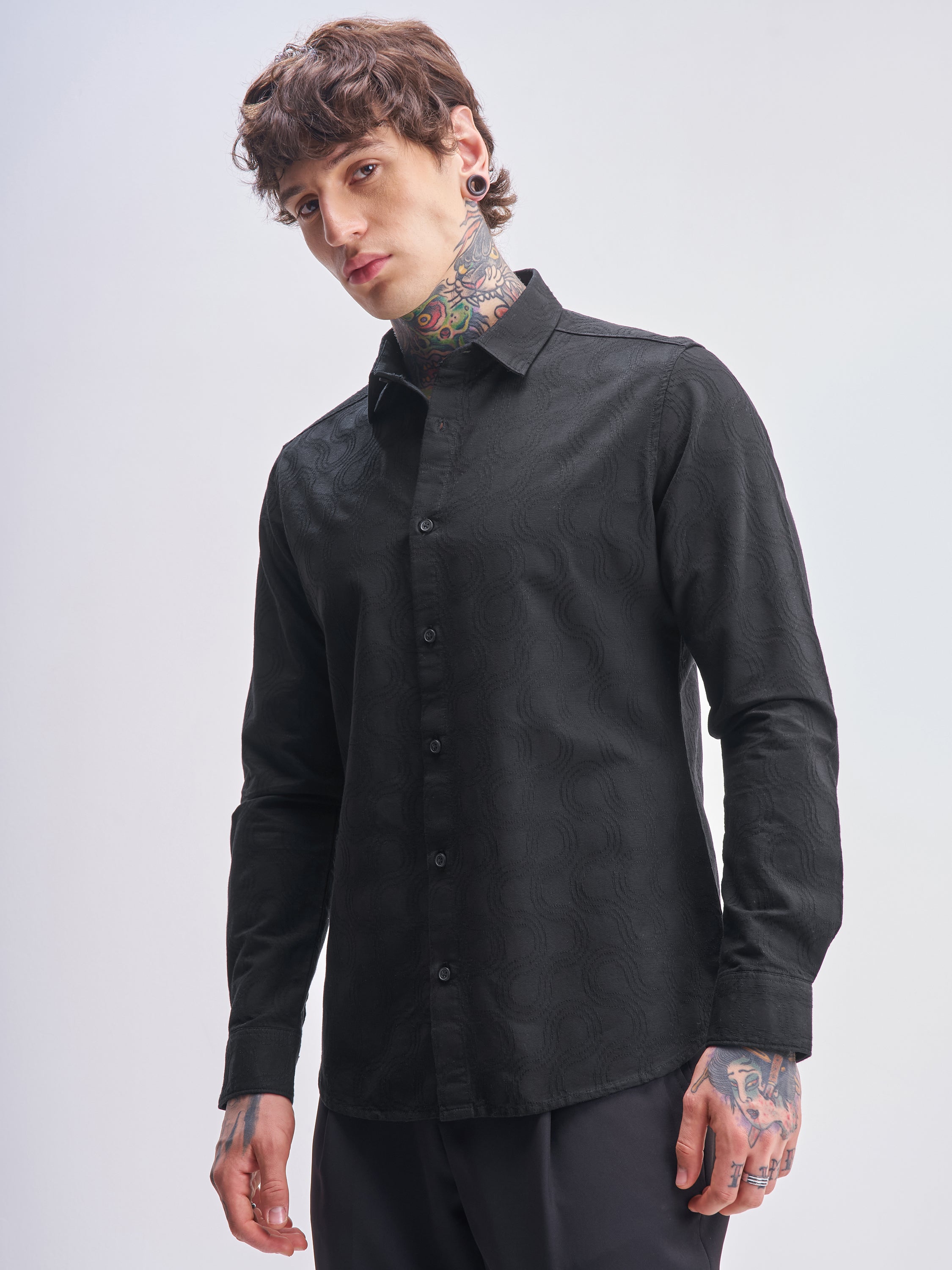 Highlander Men Black Self Design Slim Fit Casual Shirt - Black - Image 4
