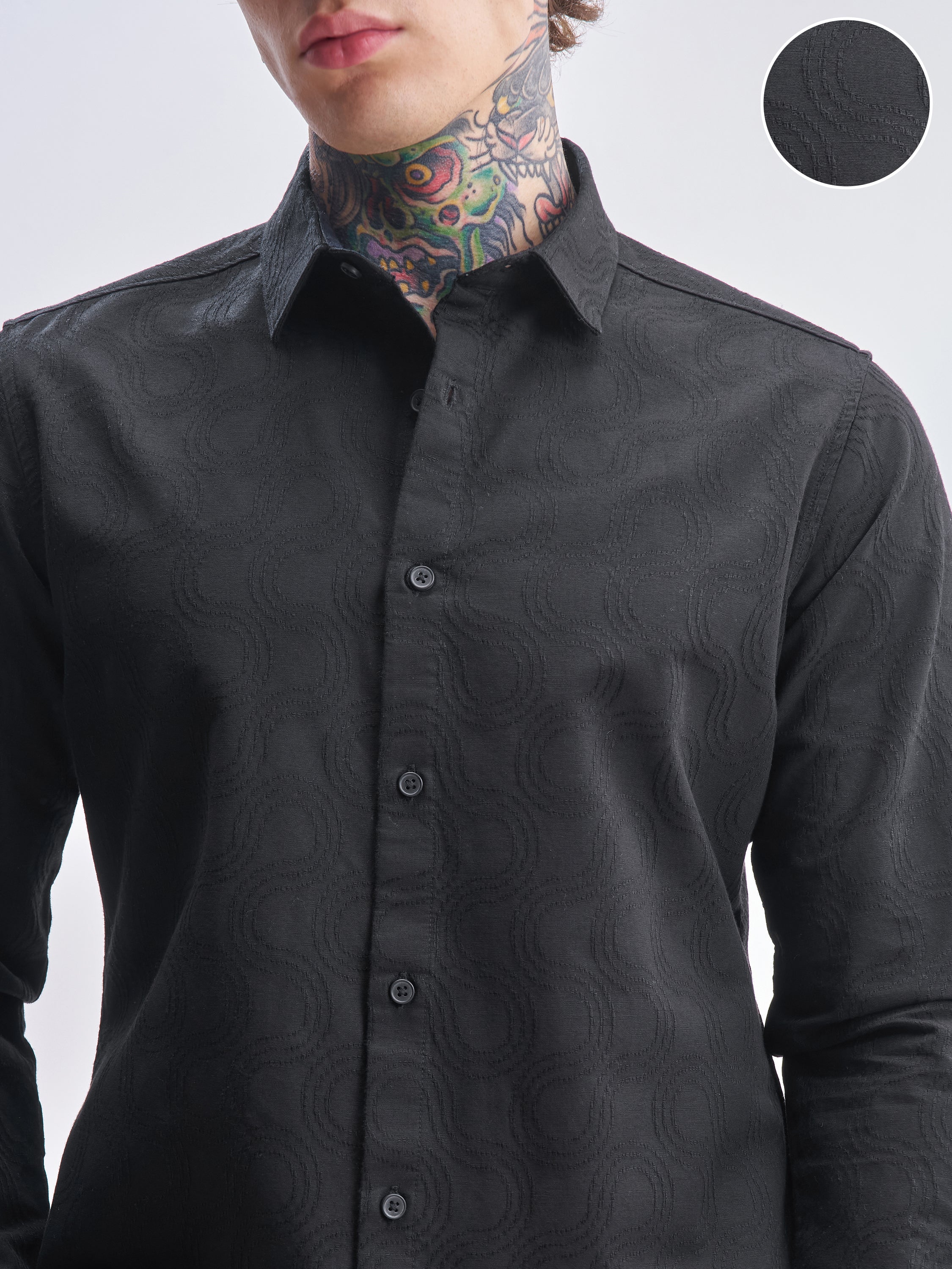 Highlander Men Black Self Design Slim Fit Casual Shirt - Black - Image 5