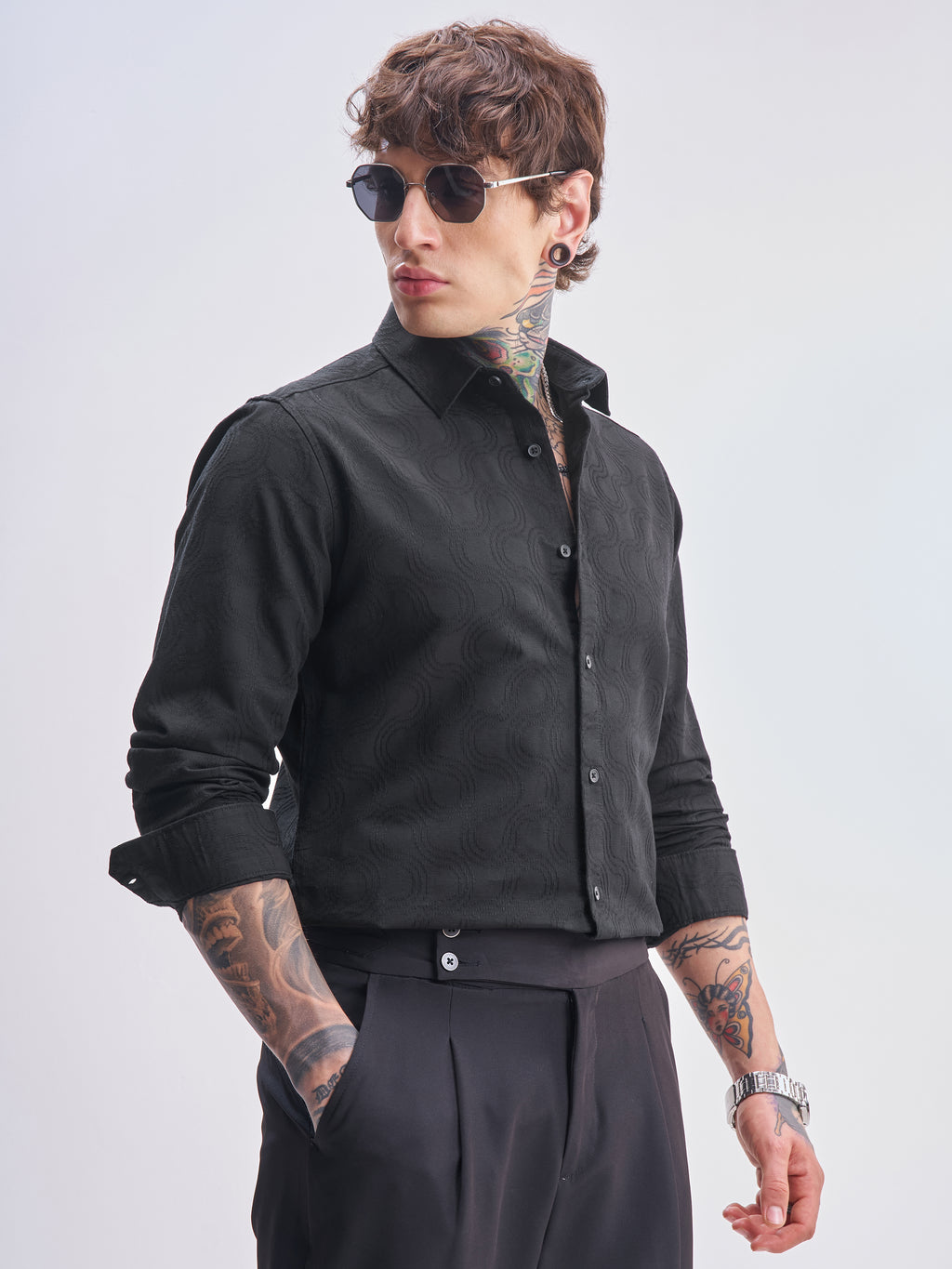 Highlander Men Black Self Design Slim Fit Casual Shirt - Black - Image 6