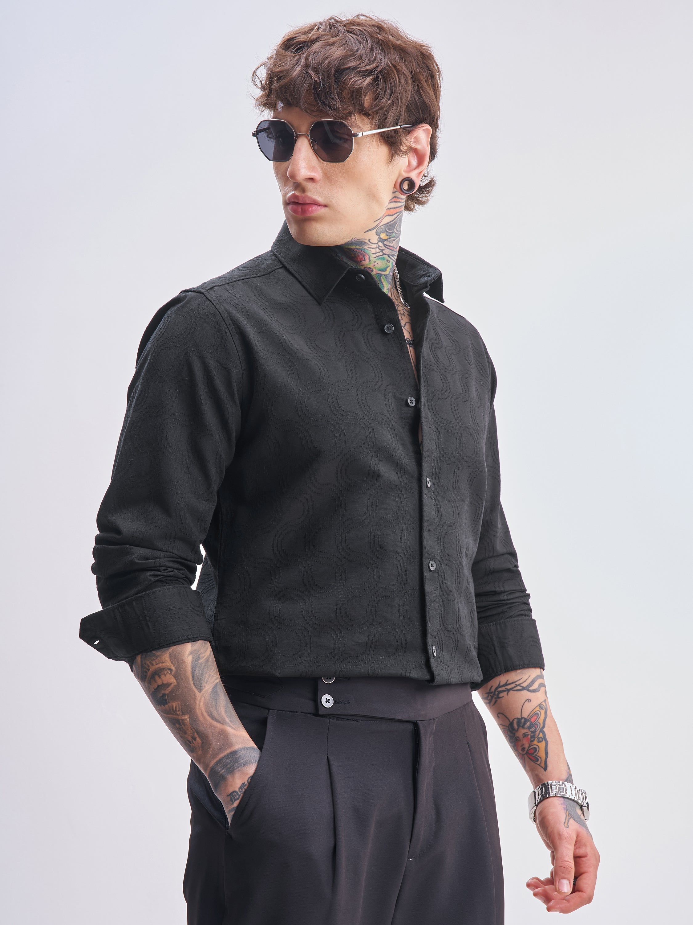 Highlander Men Black Self Design Slim Fit Casual Shirt - Black - Image 6