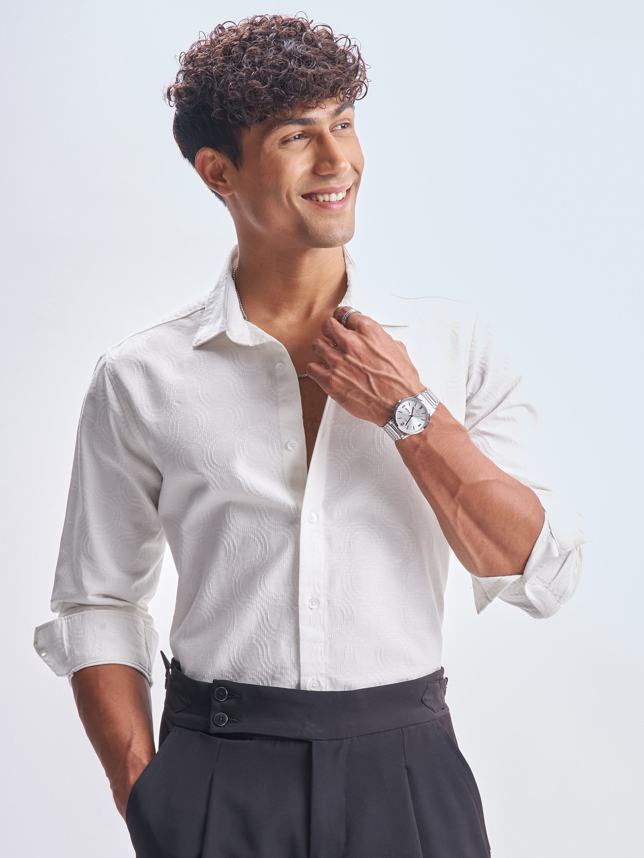 Highlander Men White Self Design Slim Fit Casual Shirt - White - Image 1