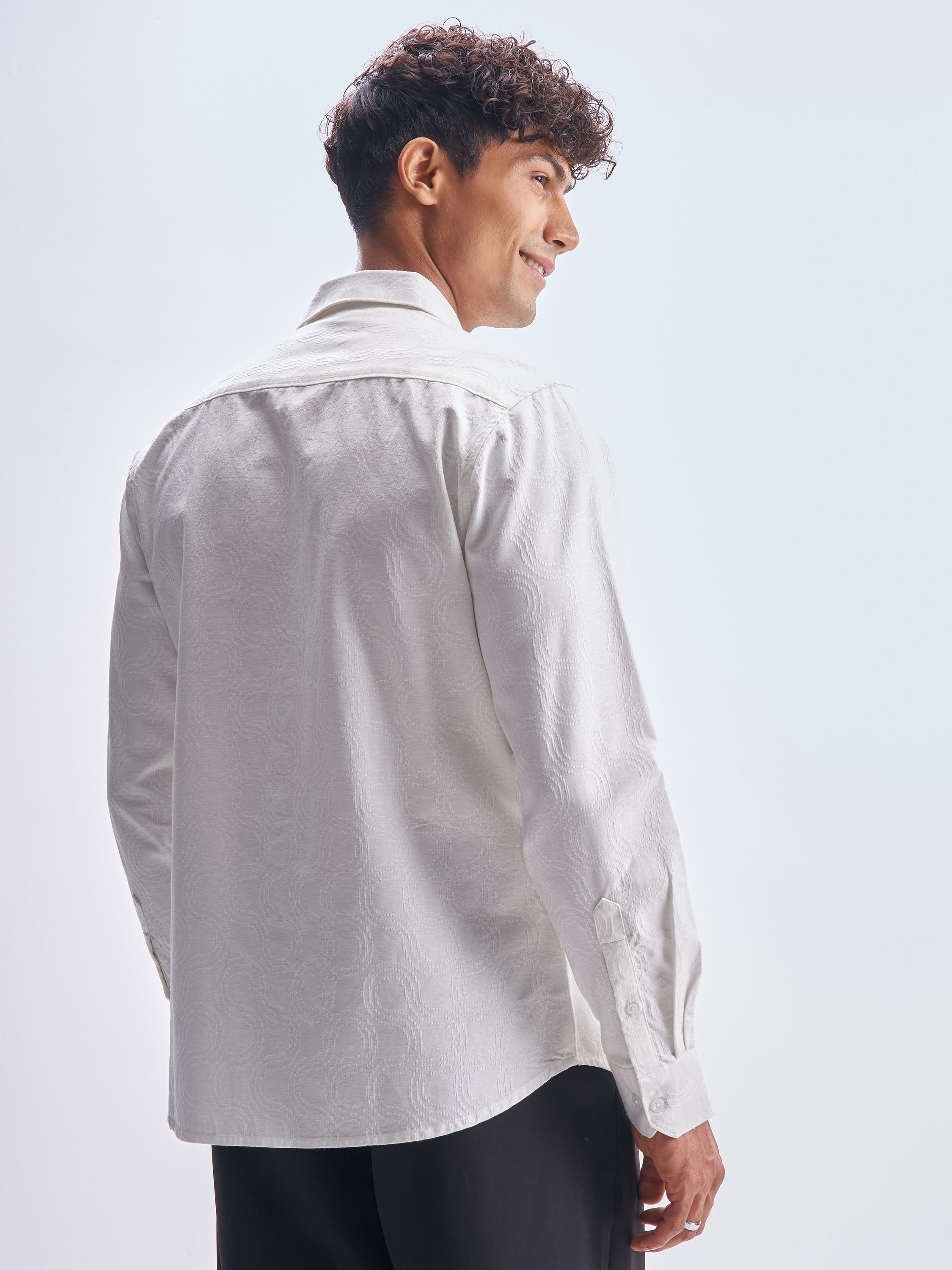 Highlander Men White Self Design Slim Fit Casual Shirt - White - Image 3