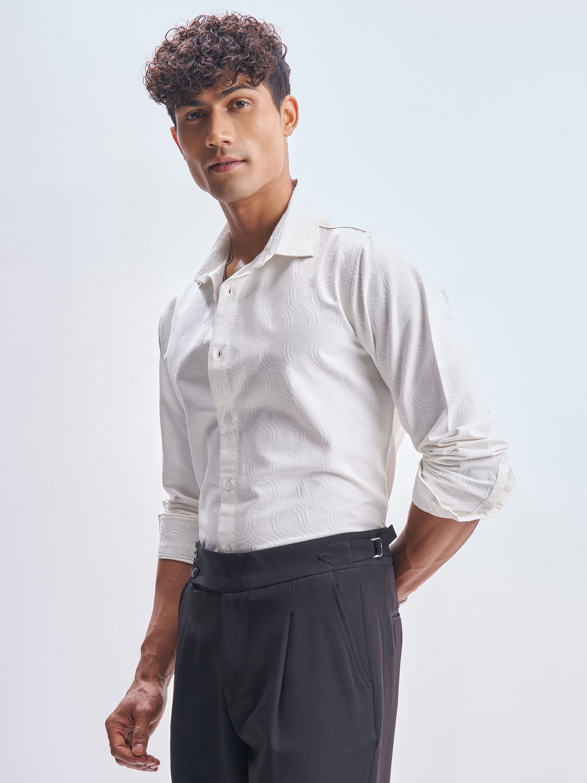 Highlander Men White Self Design Slim Fit Casual Shirt - White - Image 4