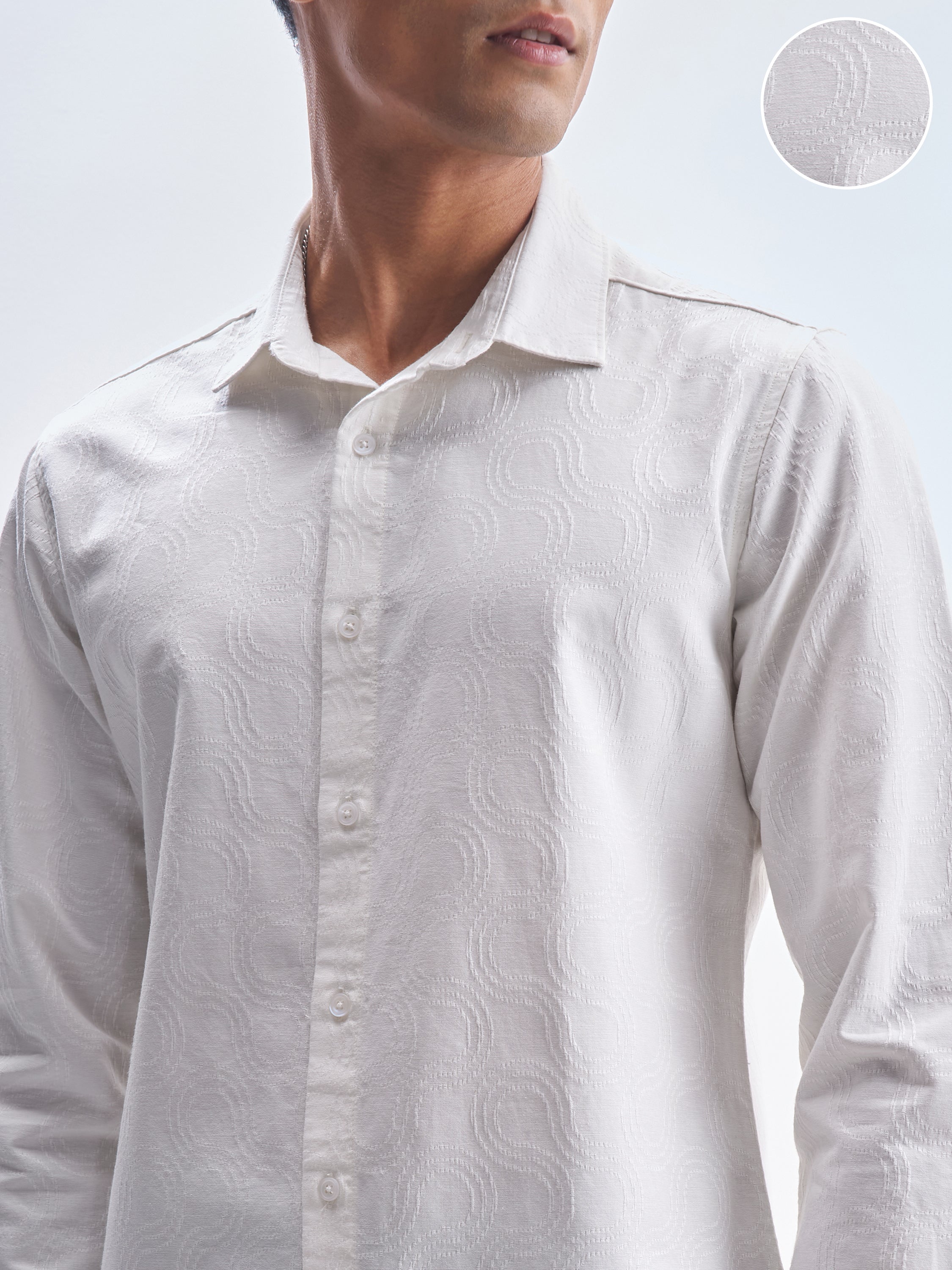 Highlander Men White Self Design Slim Fit Casual Shirt - White - Image 5