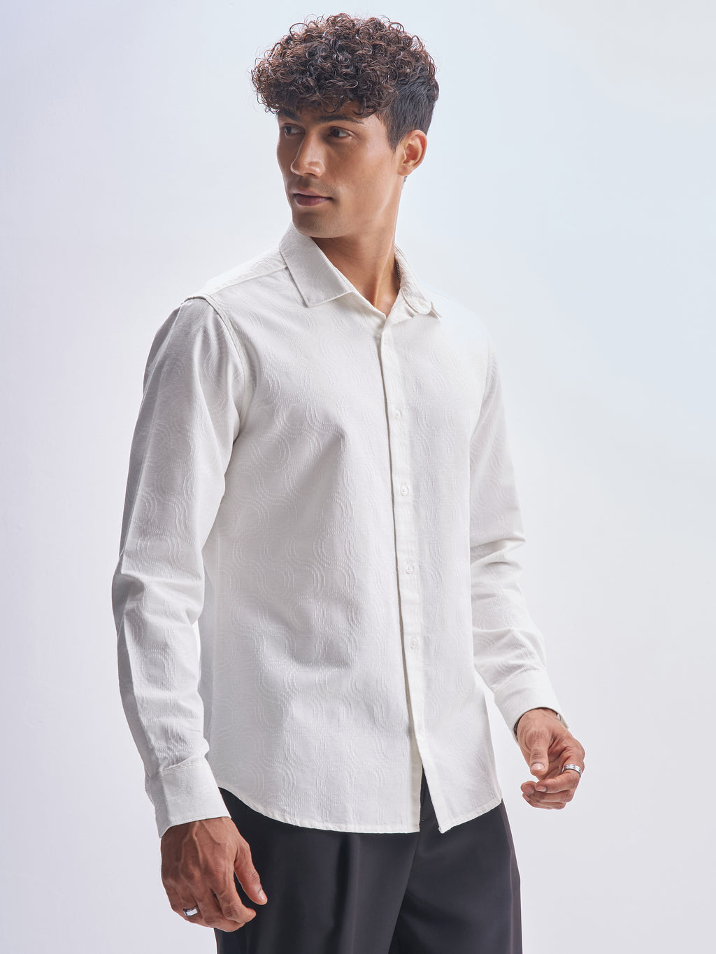 Highlander Men White Self Design Slim Fit Casual Shirt - White - Image 6