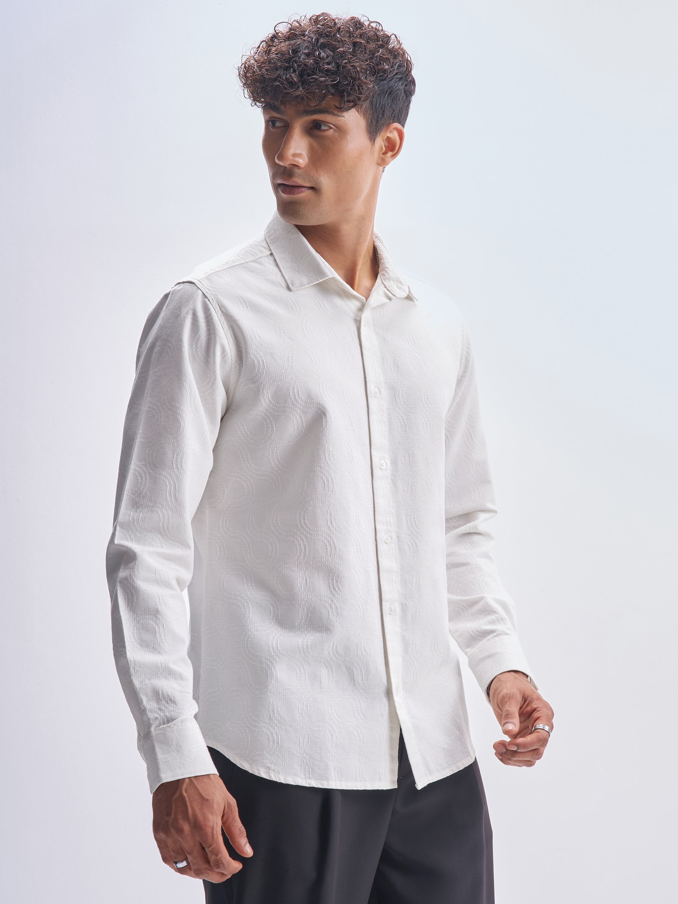 Highlander Men White Self Design Slim Fit Casual Shirt - White - Image 6